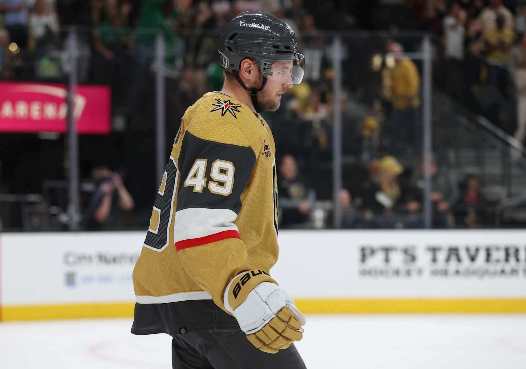 LAS VEGAS, NEVADA - MAY 03: Ivan Barbashev #49 of the Vegas Golden Knights reacts during the second period against the Dallas Stars in Game Six of the First Round of the 2024 Stanley Cup Playoffs at T-Mobile Arena on May 03, 2024 in Las Vegas, Nevada.  (Photo by Zak Krill/NHLI via Getty Images)