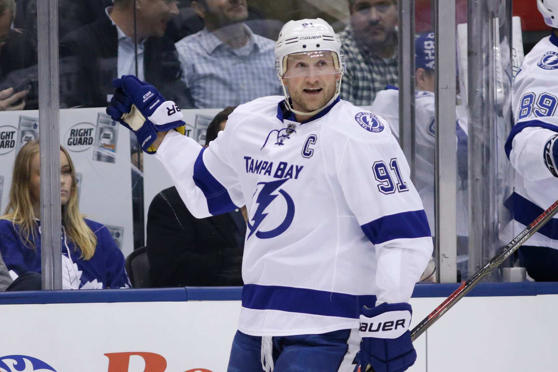 TORONTO, ON - OCTOBER 25 - Tampa Bay Lightining's Steven Stamkos celebrates his second goal during the 1st period of NHL action as the Toronto Maple Leafs host the Tampa Bay Lightning at the Air Canada Centre on October 25, 2016. (Carlos Osorio/Toronto Star via Getty Images)