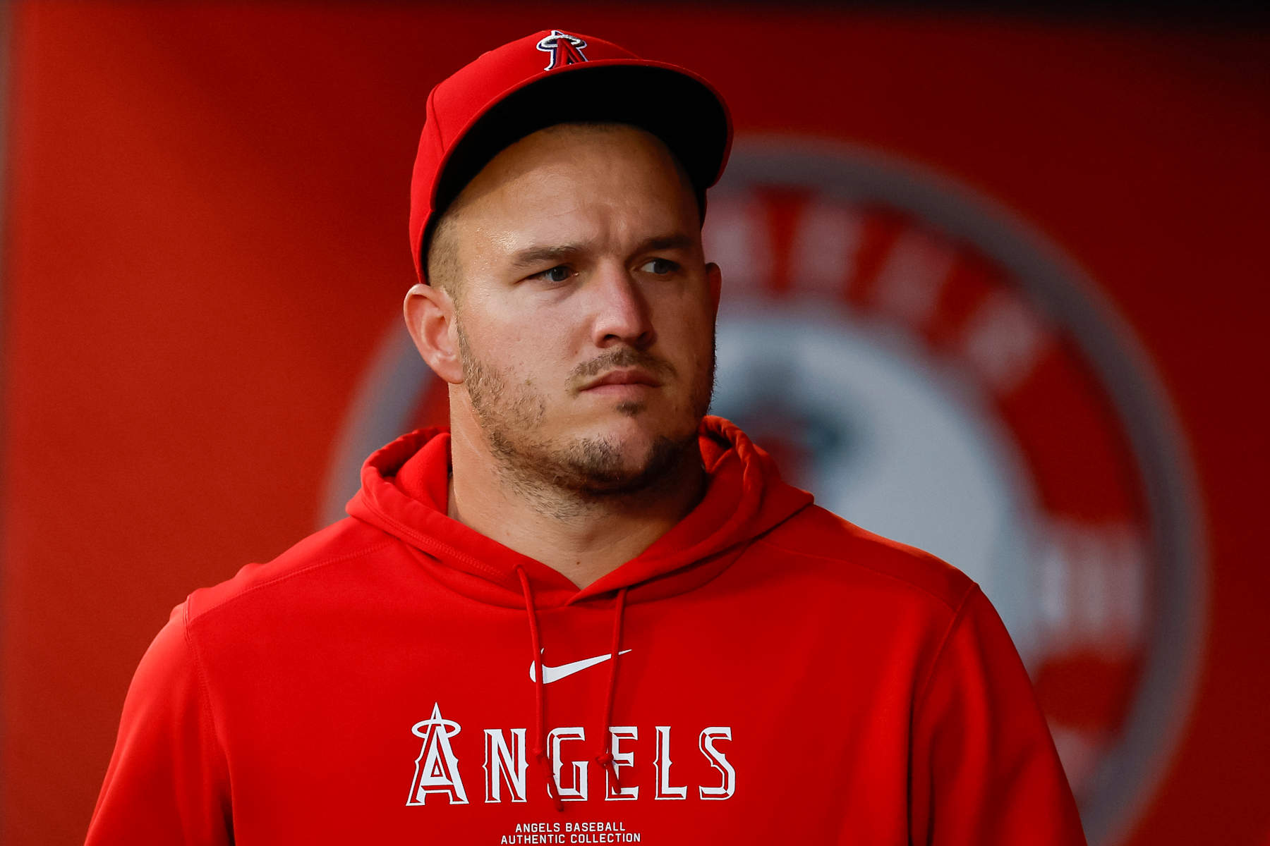 ANAHEIM, CALIFORNIA - SEPTEMBER 4: Mike Trout #27 of the Los Angeles Angels walks through the dugout during a game against the Los Angeles Dodgers at Angel Stadium of Anaheim on September 4, 2024 in Anaheim, California. (Photo by Brandon Sloter/Getty Images)