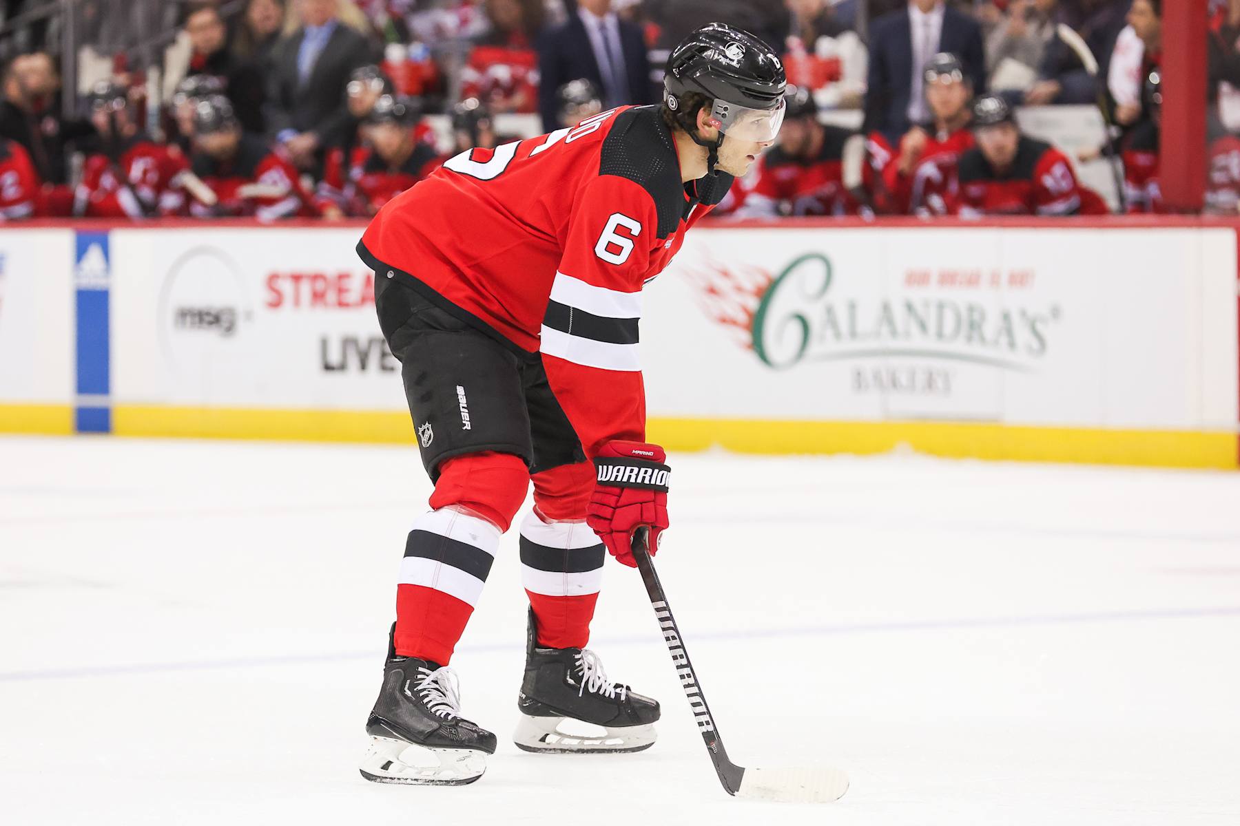 NEWARK, NJ - APRIL 02: New Jersey Devils defenseman John Marino (6) looks on during a game between the Pittsburgh Penguins and New Jersey Devils on April 2, 2024 at Prudential Center in the Newark, New Jersey. (Photo by Andrew Mordzynski/Icon Sportswire via Getty Images)