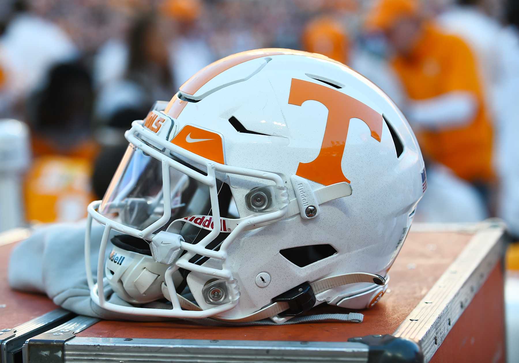 KNOXVILLE, TN - NOVEMBER 18: A Tennessee Volunteers football helmet sits on the sideline prior to the college football game between the Georgia Bulldogs and the Tennessee Volunteers on November 18, 2023, at Neyland Stadium in Knoxville, TN. (Photo by Jeffrey Vest/Icon Sportswire via Getty Images)