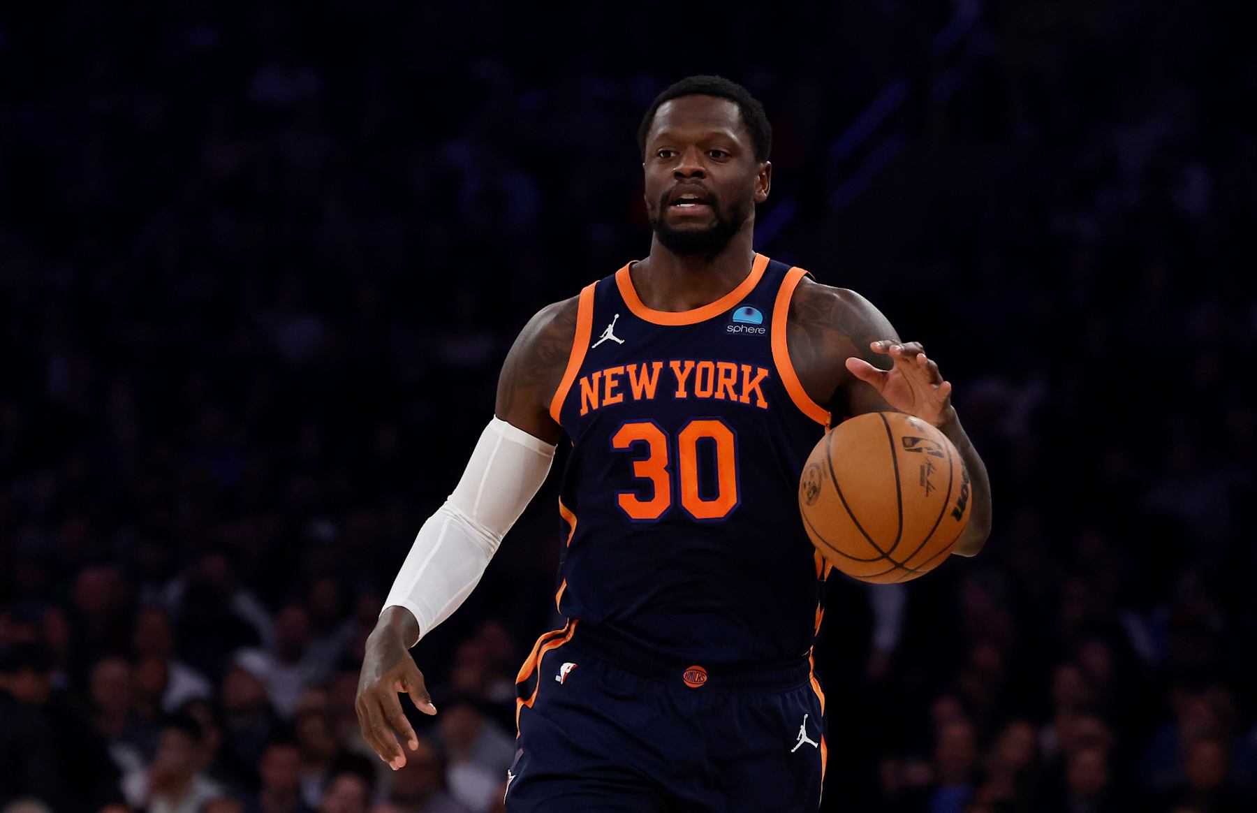 NEW YORK, NEW YORK - JANUARY 25: (NEW YORK DAILIES OUT)  Julius Randle #30 of the New York Knicks in action against the Denver Nuggets at Madison Square Garden on January 25, 2024 in New York City. The Knicks defeated the Nuggets 122-84.  NOTE TO USER: User expressly acknowledges and agrees that, by downloading and or using this photograph, User is consenting to the terms and conditions of the Getty Images License Agreement. (Photo by Jim McIsaac/Getty Images)