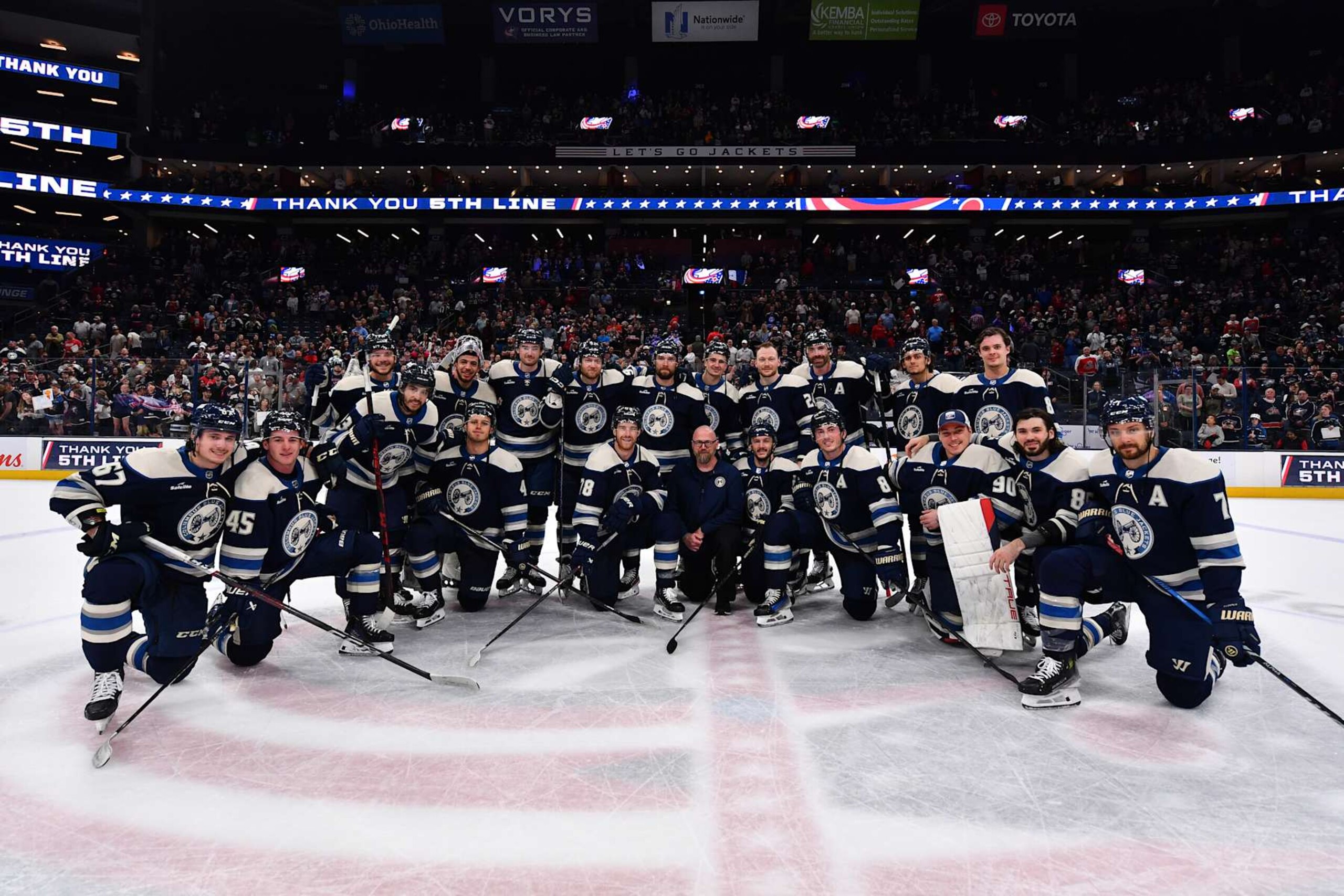 COLUMBUS, OHIO - APRIL 16: The Columbus Blue Jackets pose with assistant equipment manager Jason Stypinski of the Columbus Blue Jackets following his final game with the team at Nationwide Arena on April 16, 2024 in Columbus, Ohio. (Photo by Ben Jackson/NHLI via Getty Images) COLUMBUS, OHIO - APRIL 16: The Columbus Blue Jackets pose with assistant equipment manager Jason Stypinski of the Columbus Blue Jackets following his final game with the team at Nationwide Arena on April 16, 2024 in Columbus, Ohio. (Photo by Ben Jackson/NHLI via Getty Images)
