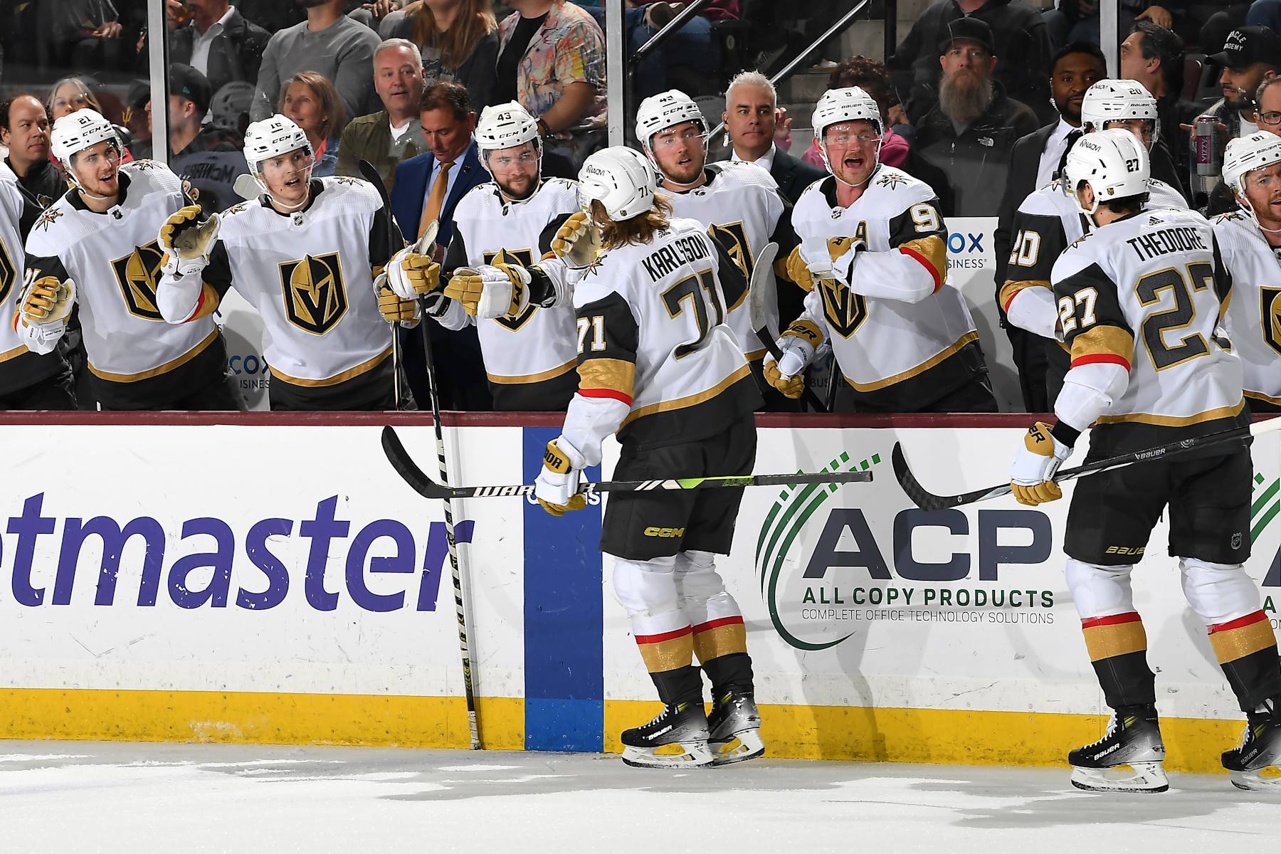 TEMPE, ARIZONA - APRIL 05: William Karlsson #71 of the Vegas Golden Knights celebrates with teammates on the bench after scoring a goal against the Arizona Coyotes during the second period of the game at Mullett Arena on April 05, 2024 in Tempe, Arizona. (Photo by Norm Hall/NHLI via Getty Images)