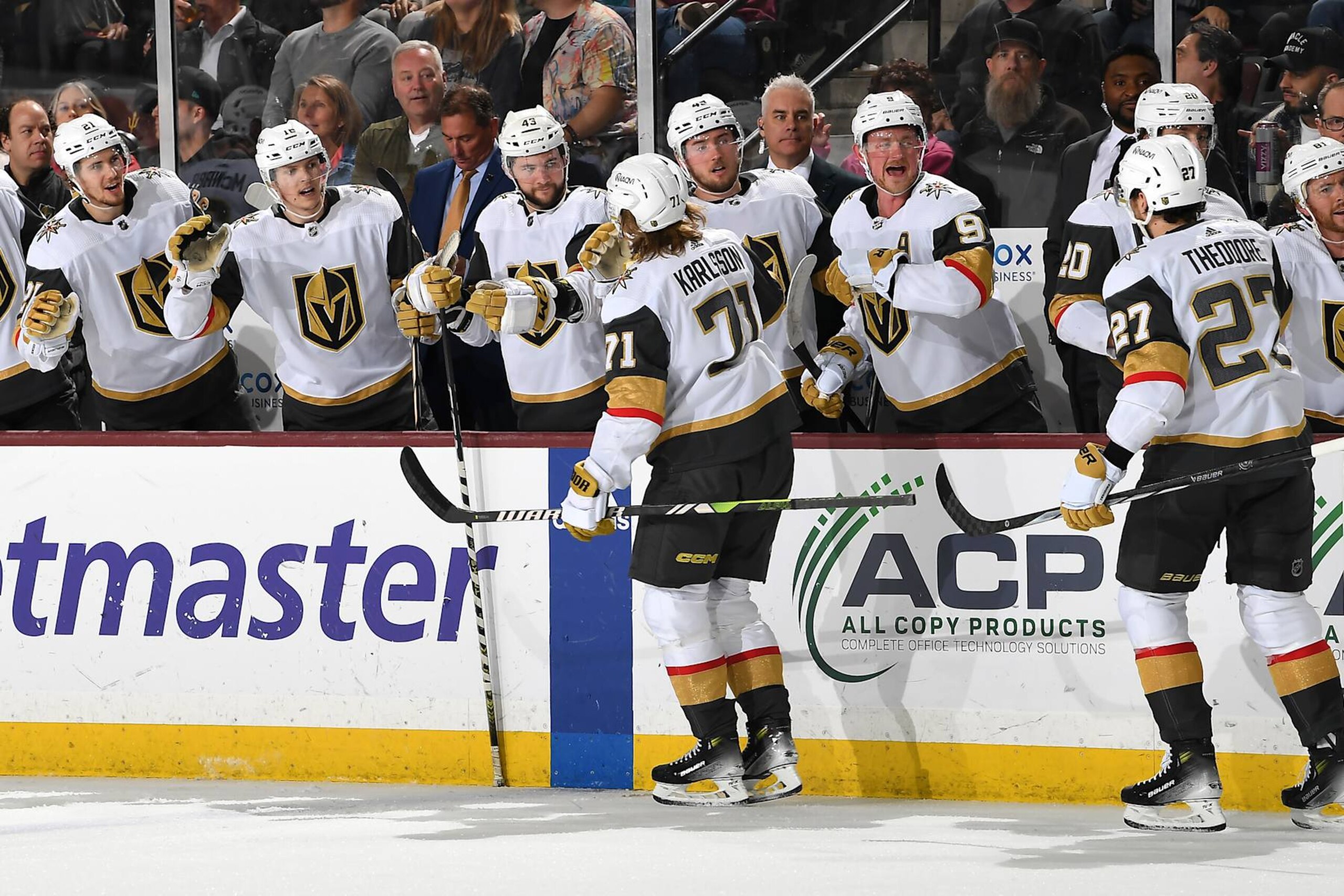 TEMPE, ARIZONA - APRIL 05: William Karlsson #71 of the Vegas Golden Knights celebrates with teammates on the bench after scoring a goal against the Arizona Coyotes during the second period of the game at Mullett Arena on April 05, 2024 in Tempe, Arizona. (Photo by Norm Hall/NHLI via Getty Images) TEMPE, ARIZONA - APRIL 05: William Karlsson #71 of the Vegas Golden Knights celebrates with teammates on the bench after scoring a goal against the Arizona Coyotes during the second period of the game at Mullett Arena on April 05, 2024 in Tempe, Arizona. (Photo by Norm Hall/NHLI via Getty Images)