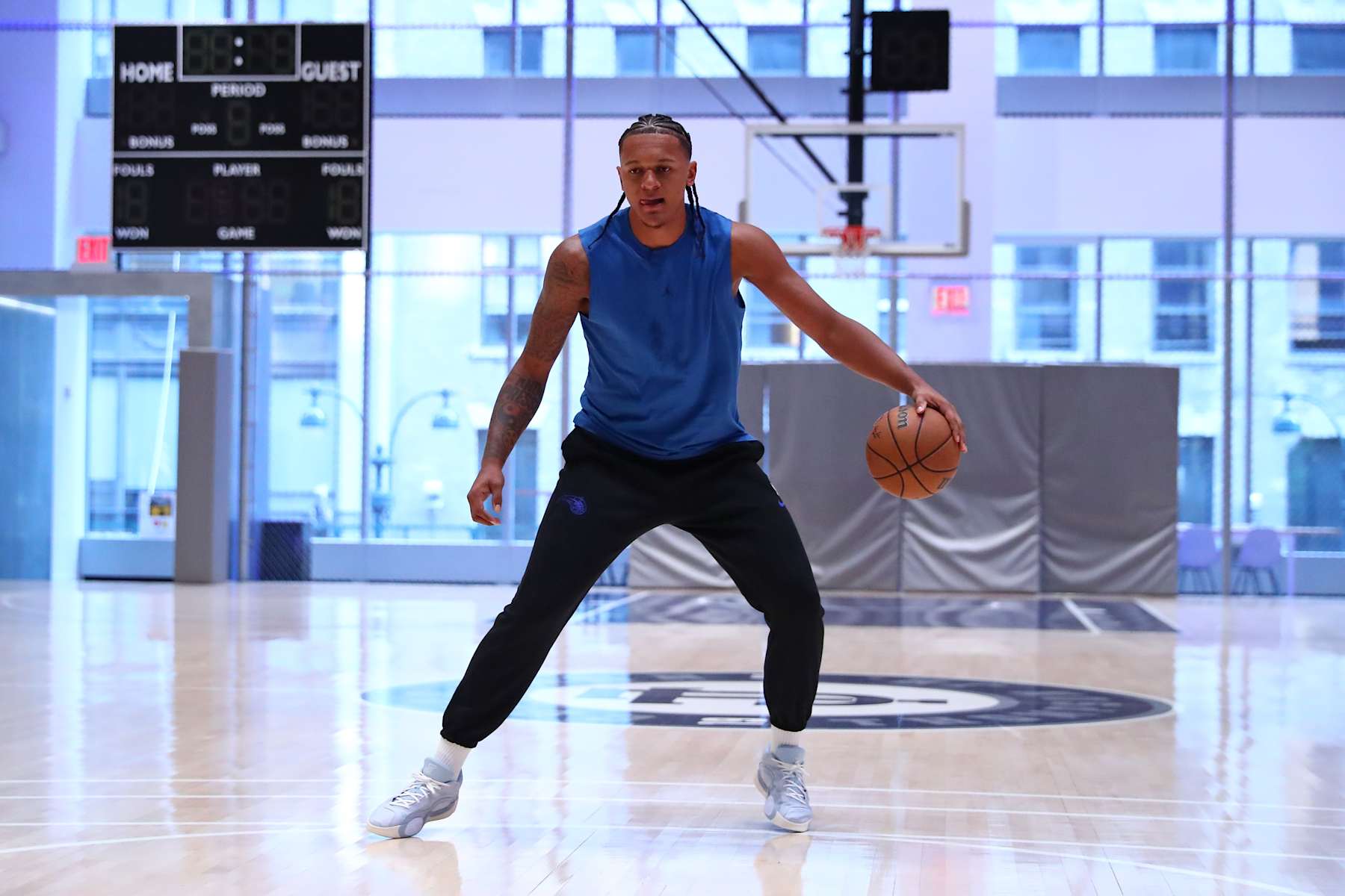 NEW YORK, NY - AUGUST 16:  Paolo Banchero of the Orlando Magic works out on August 16, 2024 at Nike New York HQ in New York City, New York.  NOTE TO USER: User expressly acknowledges and agrees that, by downloading and or using this photograph, User is consenting to the terms and conditions of the Getty Images License Agreement. Mandatory Copyright Notice: Copyright 2024 NBAE  (Photo by David L. Nemec/NBAE via Getty Images)