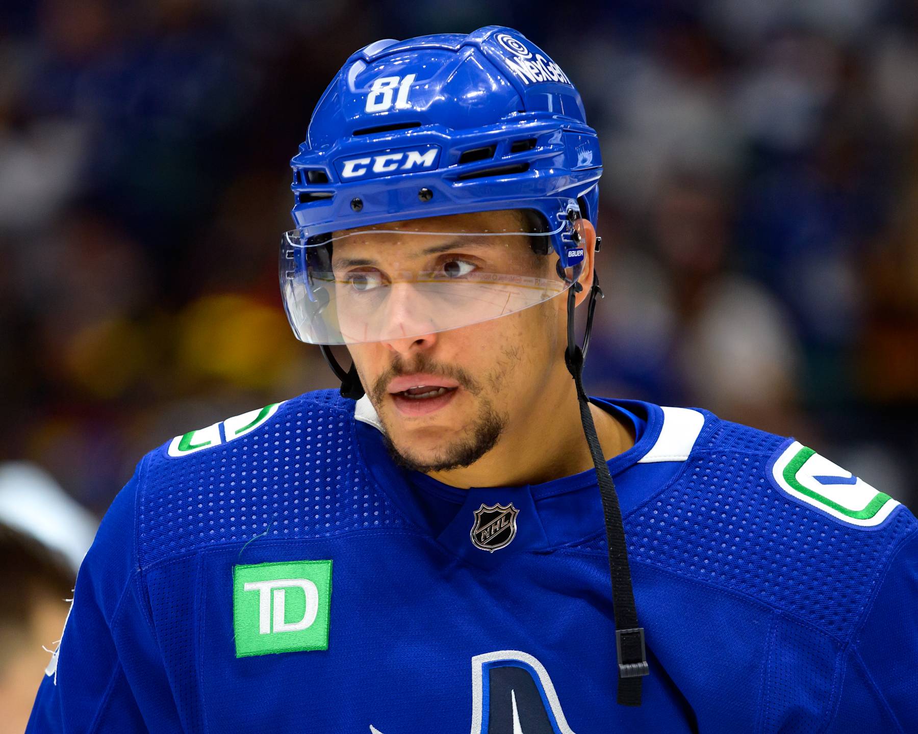 VANCOUVER, CANADA - MAY 20: Dakota Joshua #81 of the Vancouver Canucks looks on during warm-up prior to Game Seven of the Second Round of the 2024 Stanley Cup Playoffs against the Edmonton Oilers at Rogers Arena on May 20, 2024 in Vancouver, British Columbia, Canada. (Photo by Derek Cain/Getty Images)