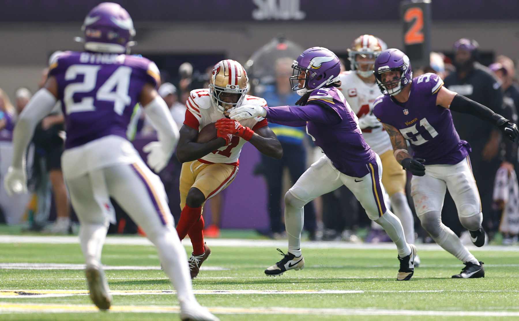 MINNEAPOLIS, MN - SEPTEMBER 15: Brandon Aiyuk #11 of the San Francisco 49ers runs after making a catch during the game against the Minnesota Vikings at U.S. Bank Stadium on September 15, 2024 in Minneapolis, Minnesota. The Vikings defeated the 49ers 23-17. (Photo by Michael Zagaris/San Francisco 49ers/Getty Images)