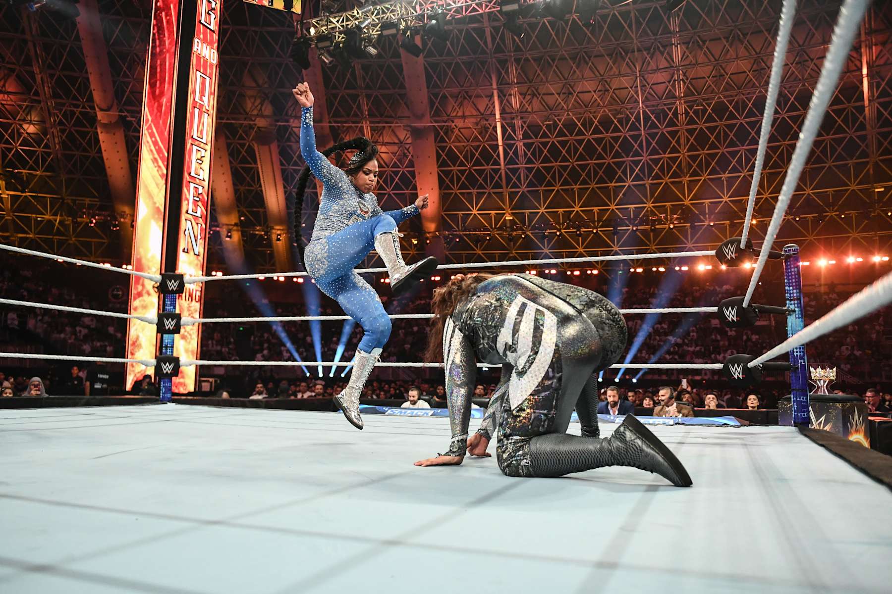 JEDDAH, SAUDI ARABIA - MAY 24: Bianca Belair in action against Nia Jax during SmackDown at Jeddah Superdome on May 24, 2024 in Jeddah, Saudi Arabia. (Photo by WWE/Getty Images)