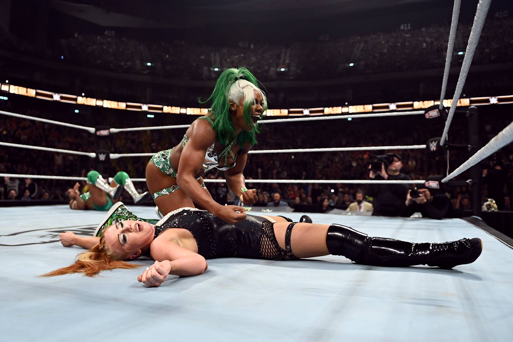 BERLIN, GERMANY - AUGUST 31: Jade Cargill reacts after she pinned Isla Dawn to become a 2x WWE Women's Tag Team Champion with partner Bianca Belair (L) during the WWE Bash in Berlin Premium Live Event at Uber Arena on August 31, 2024 in Berlin, Germany. (Photo by WWE/Getty Images)