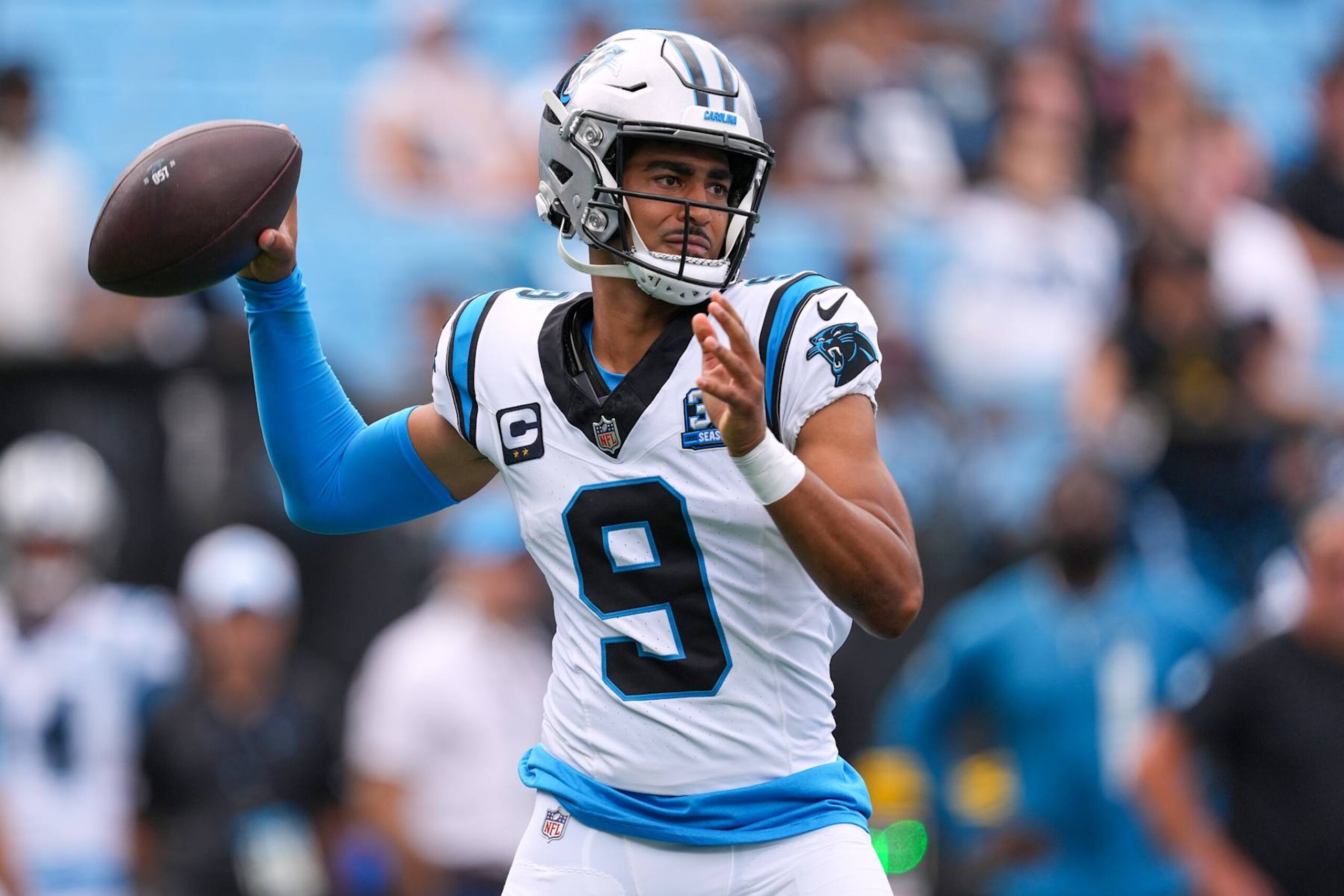 CHARLOTTE, NORTH CAROLINA - SEPTEMBER 15: Bryce Young #9 of the Carolina Panthers looks to pass against the Los Angeles Chargers during the game at Bank of America Stadium on September 15, 2024 in Charlotte, North Carolina. (Photo by Grant Halverson/Getty Images)