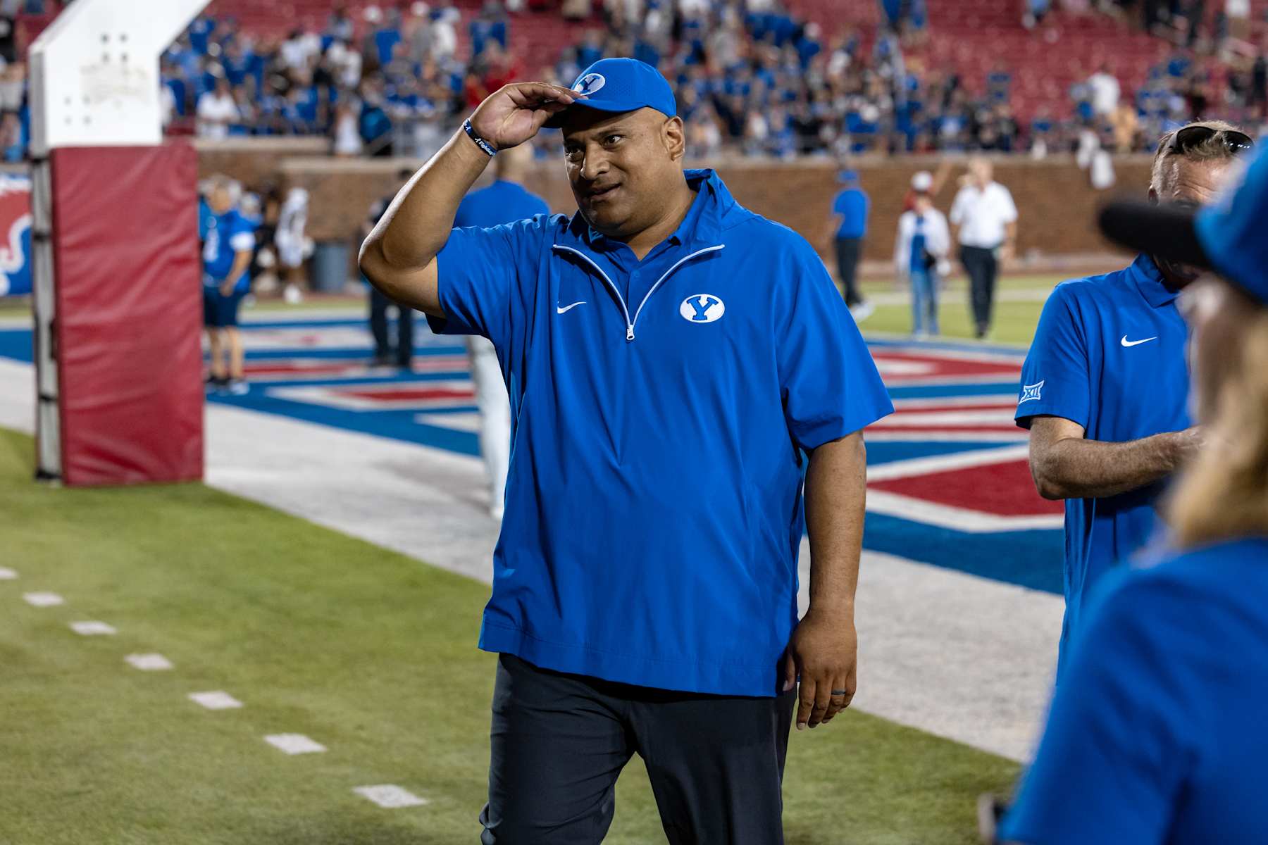 DALLAS, TX - SEPTEMBER 06: BYU Cougars head coach Kalani Sitake leaves the field during the college football game between the SMU Mustangs and the BYU Cougars on September 6, 2024, at Gerald J. Ford Stadium in Dallas, TX.  (Photo by Matthew Visinsky/Icon Sportswire via Getty Images)