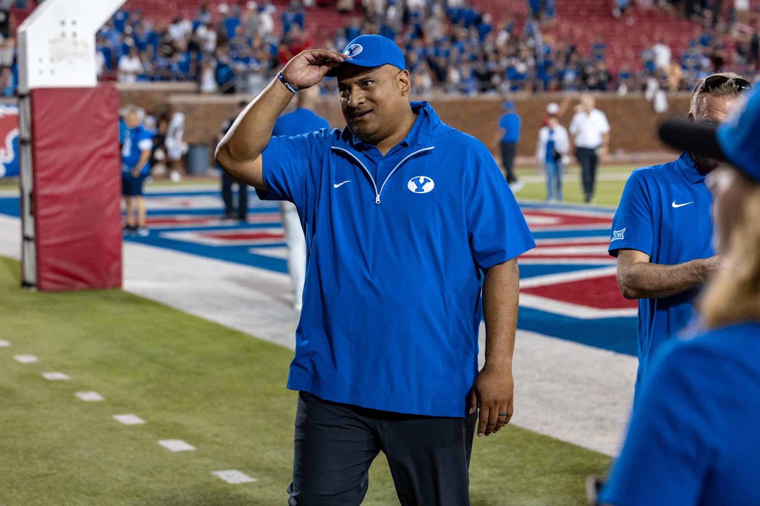 DALLAS, TX - SEPTEMBER 06: BYU Cougars head coach Kalani Sitake leaves the field during the college football game between the SMU Mustangs and the BYU Cougars on September 6, 2024, at Gerald J. Ford Stadium in Dallas, TX.  (Photo by Matthew Visinsky/Icon Sportswire via Getty Images)