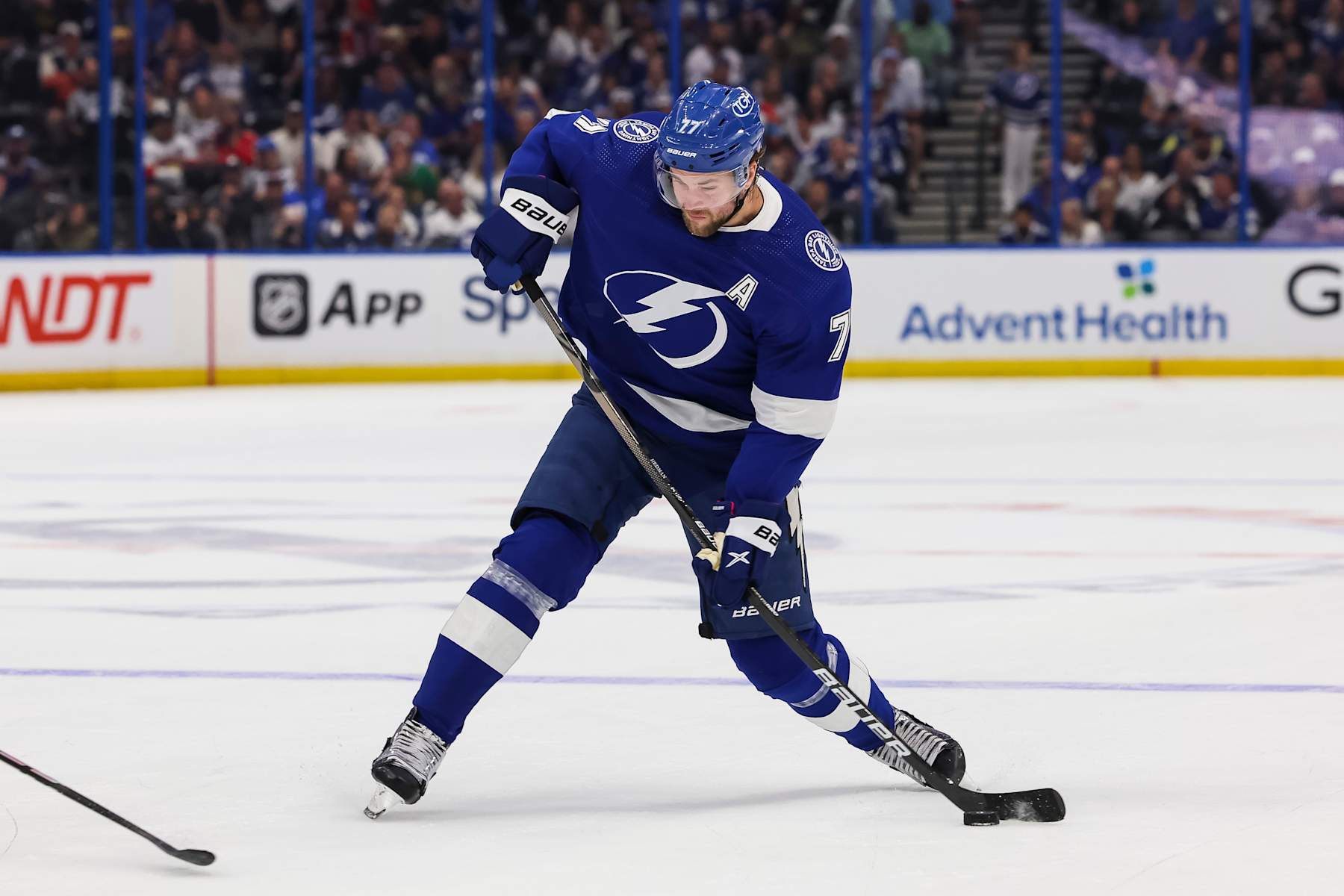 TAMPA, FL - APRIL 25: Victor Hedman #77 of the Tampa Bay Lightning skates against the Florida Panthers in Game Three of the First Round of the 2024 Stanley Cup Playoffs at Amalie Arena on April 25, 2024 in Tampa, Florida. (Photo by Mark LoMoglio/NHLI via Getty Images)