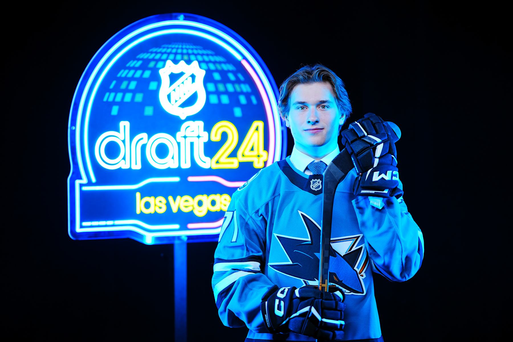 LAS VEGAS, NEVADA - JUNE 28: Macklin Celebrini poses for a portrait after being selected first overall by the San Jose Sharks during the 2024 Upper Deck NHL Draft at Sphere on June 28, 2024 in Las Vegas, Nevada. (Photo by Mark Blinch/NHLI via Getty Images)