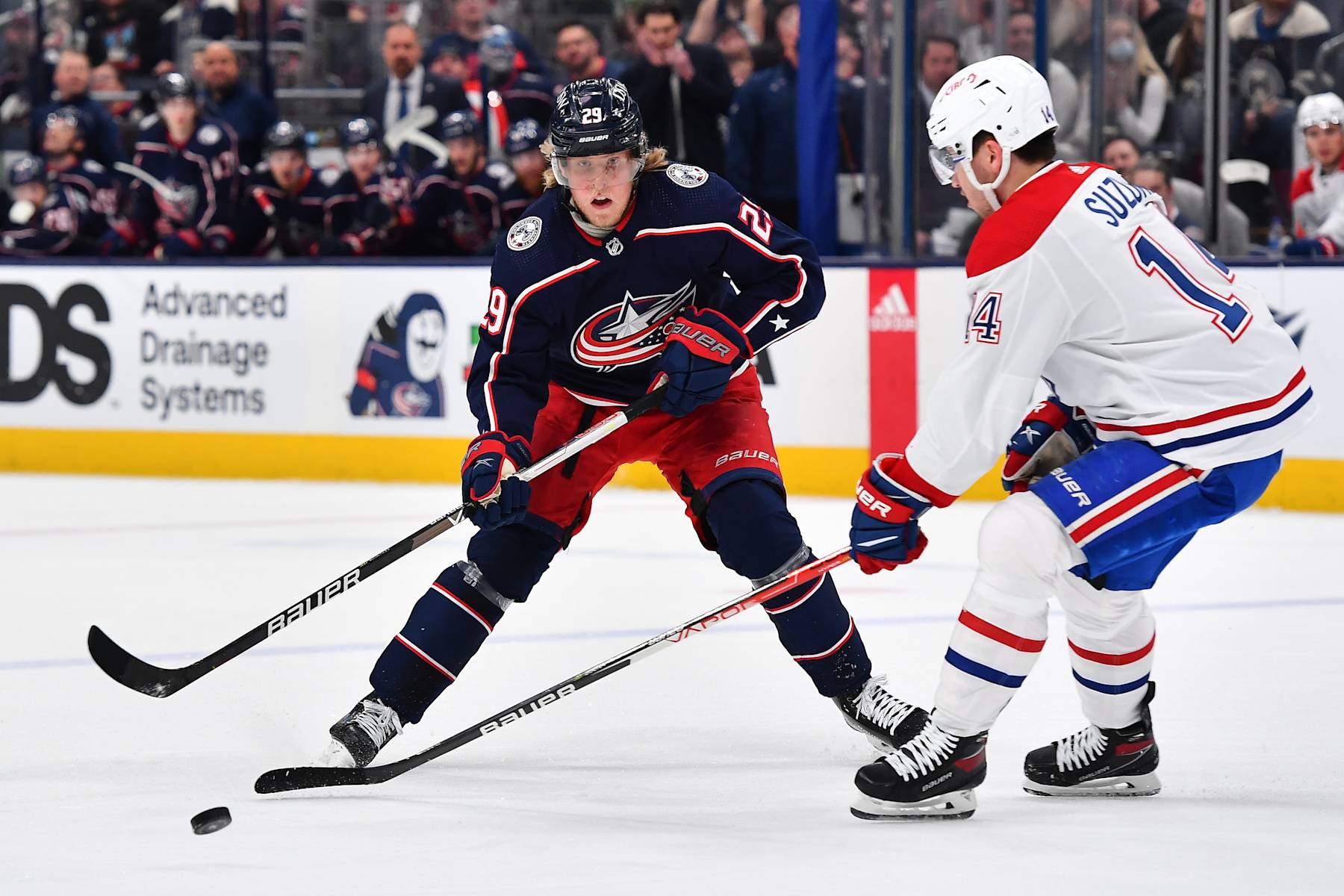COLUMBUS, OH - APRIL 13: Patrik Laine #29 of the Columbus Blue Jackets and Nick Suzuki #14 of the Montreal Canadiens compete for the puck during the first period at Nationwide Arena on April 13, 2022 in Columbus, Ohio. (Photo by Ben Jackson/NHLI via Getty Images)