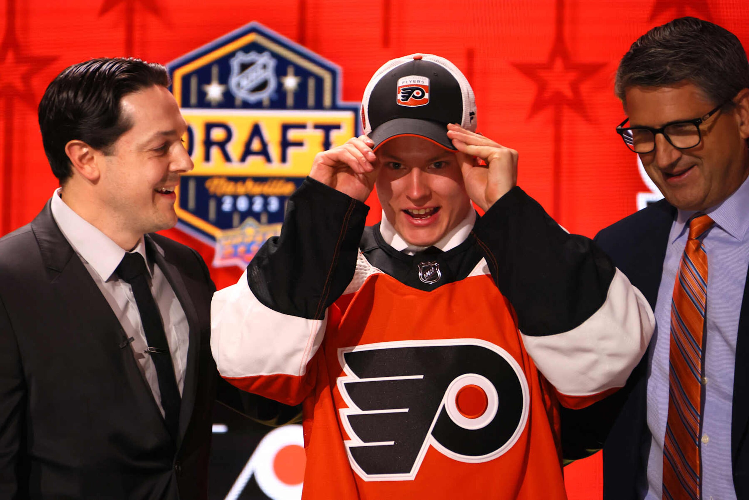 NASHVILLE, TENNESSEE - JUNE 28: Matvei Michkov is selected by the Philadelphia Flyers with seventh overall pick during round one of the 2023 Upper Deck NHL Draft at Bridgestone Arena on June 28, 2023 in Nashville, Tennessee. (Photo by Bruce Bennett/Getty Images) NASHVILLE, TENNESSEE - JUNE 28: Matvei Michkov is selected by the Philadelphia Flyers with seventh overall pick during round one of the 2023 Upper Deck NHL Draft at Bridgestone Arena on June 28, 2023 in Nashville, Tennessee. (Photo by Bruce Bennett/Getty Images)