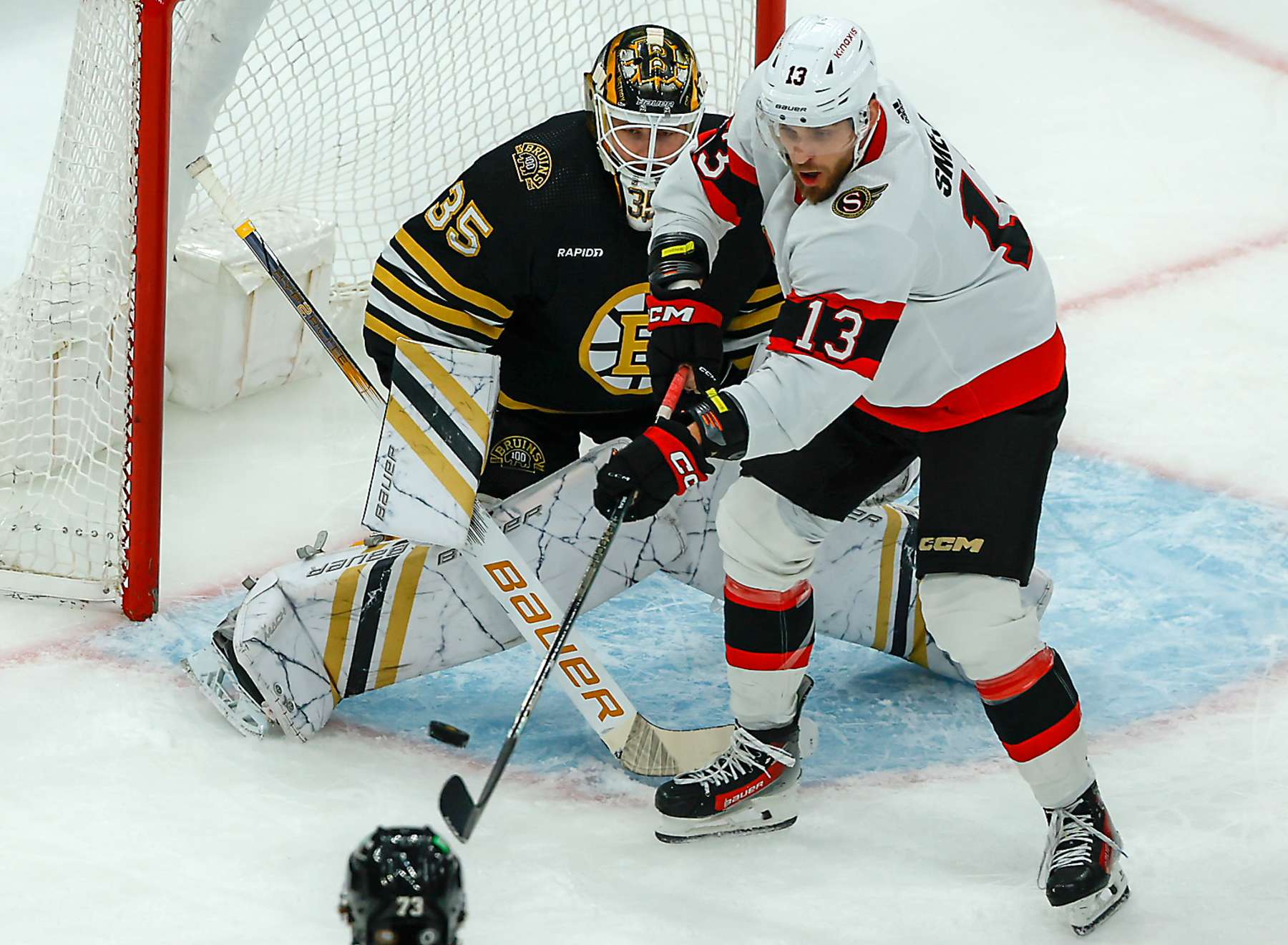 Boston, MA - April 16: Boston Bruins goalie Linus Ullmark denies Ottawa Senators left wing Jiri Smejkal shot on goal in the first period. (Photo by Matthew J. Lee/The Boston Globe via Getty Images)