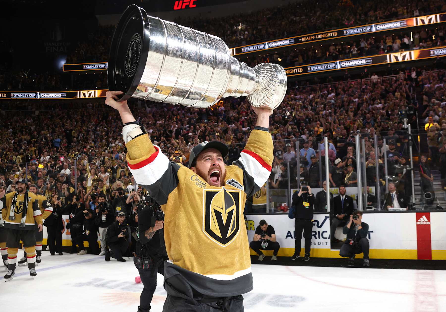 LAS VEGAS, NEVADA - JUNE 13: Jonathan Marchessault #81 of the Vegas Golden Knights hoists the Stanley Cup after Game Five of the 2023 NHL Stanley Cup Final between the Florida Panthers and the Vegas Golden Knights at T-Mobile Arena on June 13, 2023 in Las Vegas, Nevada. (Photo by Dave Sandford/NHLI via Getty Images)