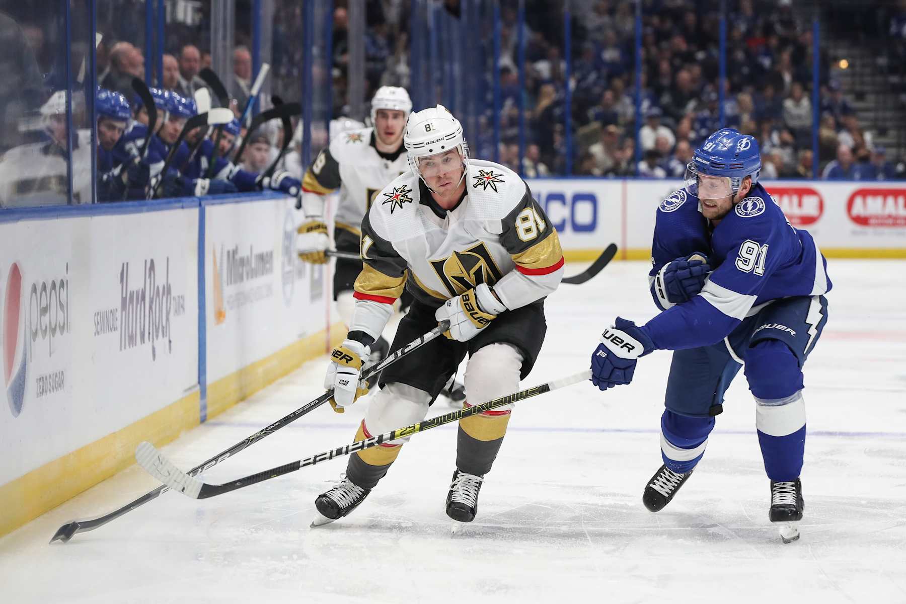 TAMPA, FL - FEBRUARY 04: Vegas Golden Knights center Jonathan Marchessault (81) is defended by Tampa Bay Lightning center Steven Stamkos (91) in the 3rd period of the NHL game between the Vegas Golden Knights and Tampa Bay Lightning on February 04, 2020 at Amalie Arena in Tampa, FL. (Photo by Mark LoMoglio/Icon Sportswire via Getty Images)