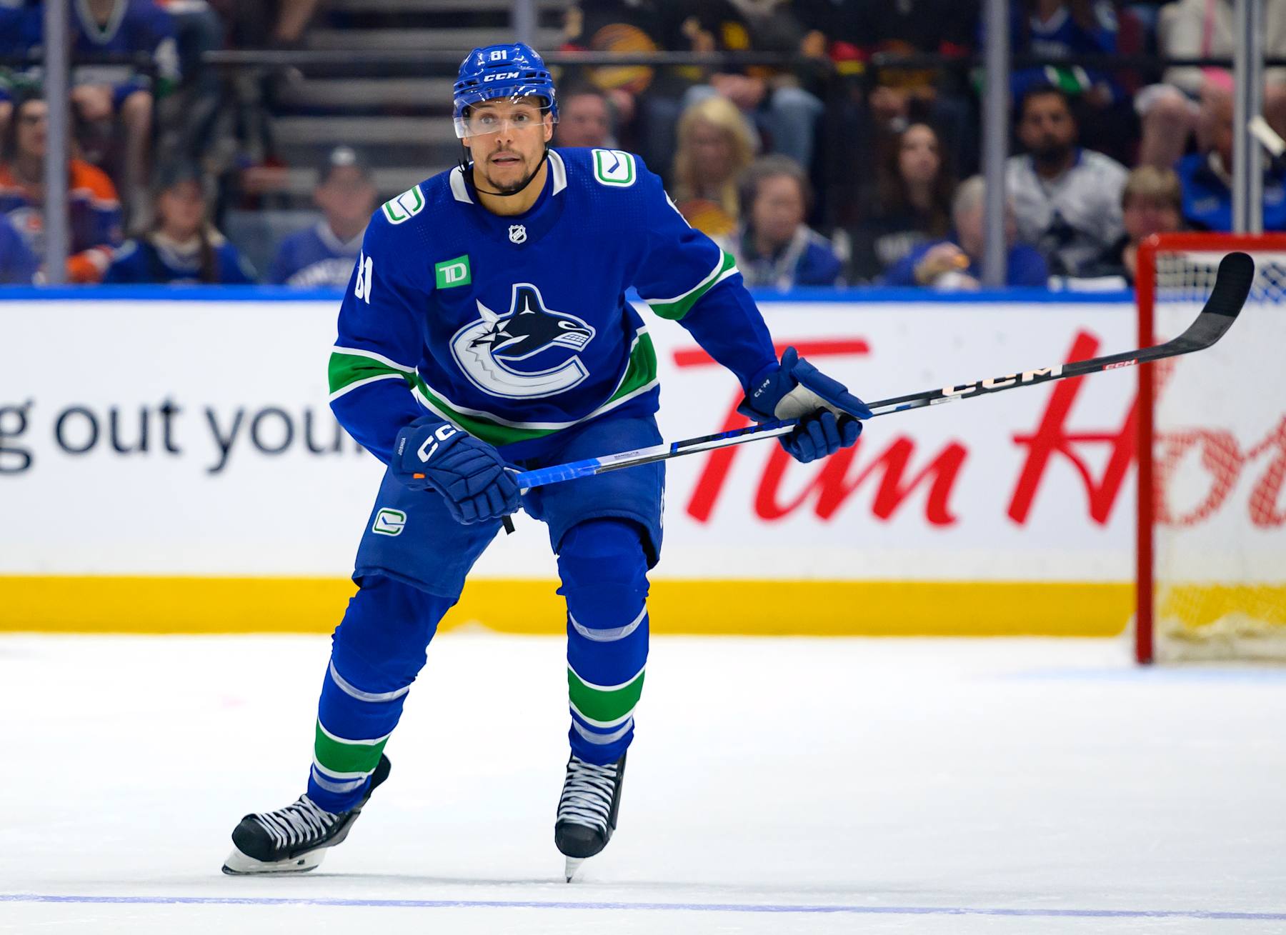 VANCOUVER, CANADA - MAY 20: Dakota Joshua #81 of the Vancouver Canucks skates during the second period in Game Seven of the Second Round of the 2024 Stanley Cup Playoffs against the Edmonton Oilers at Rogers Arena on May 20, 2024 in Vancouver, British Columbia, Canada. (Photo by Derek Cain/Getty Images)