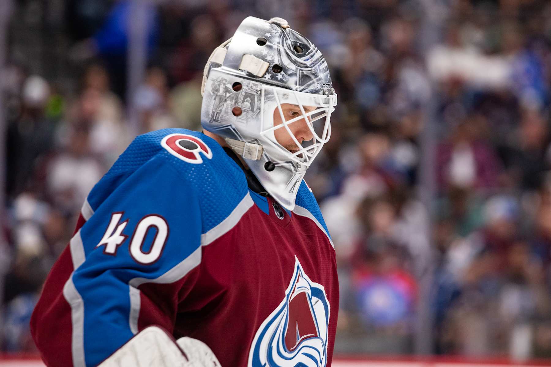 DENVER, COLORADO - MAY 17: Alexandar Georgiev #40 of the Colorado Avalanche skates in warmups ahead of Game Six of the Second Round of the Stanley Cup Playoffs against the Dallas Stars at Ball Arena on May 17, 2024 in Denver, Colorado. (Photo by Ashley Potts/NHLI via Getty Images)