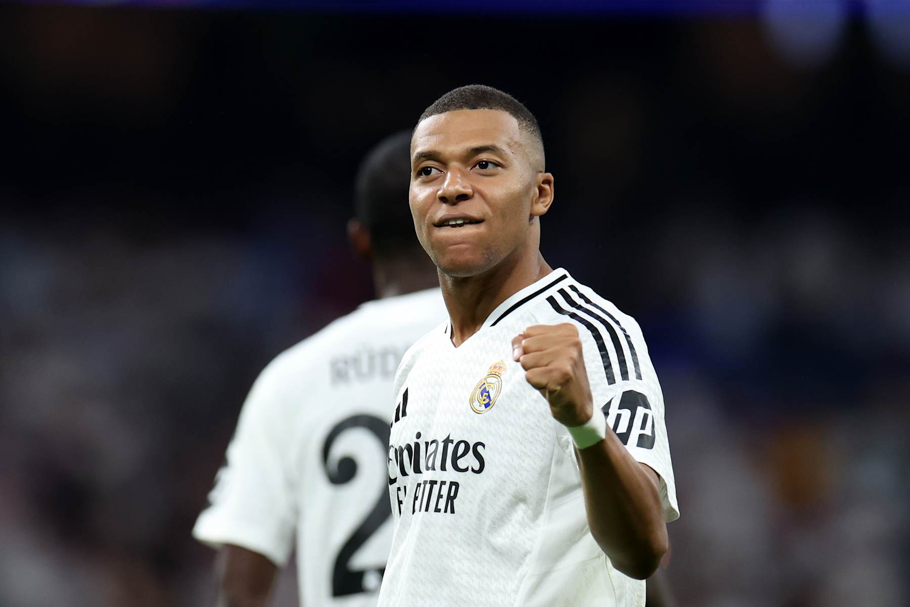 MADRID, SPAIN - SEPTEMBER 17: Kylian Mbappe of Real Madrid CF celebrates scoring their opening goal during the UEFA Champions League 2024/25 League Phase MD1 match between Real Madrid C.F. and VfB Stuttgart at Estadio Santiago Bernabeu on September 17, 2024 in Madrid, Spain. (Photo by Gonzalo Arroyo - UEFA/UEFA via Getty Images)