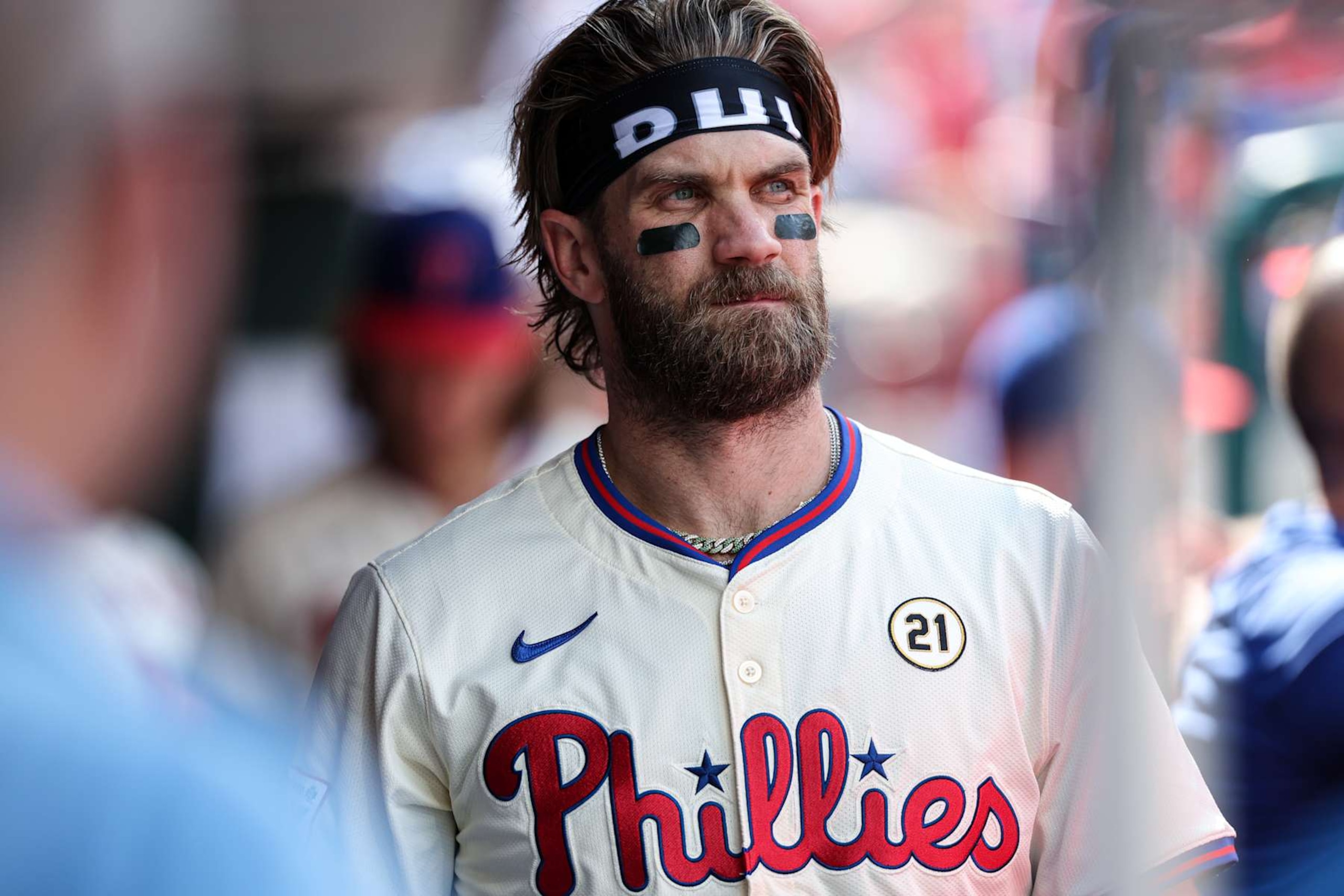 PHILADELPHIA, PA - SEPTEMBER 15: Bryce Harper #3 of the Philadelphia Phillies looks on from the dugout during the game between the New York Mets and the Philadelphia Phillies at Citizens Bank Park on Sunday, September 15, 2024 in Philadelphia, Pennsylvania. (Photo by Rob Tringali/MLB Photos via Getty Images)