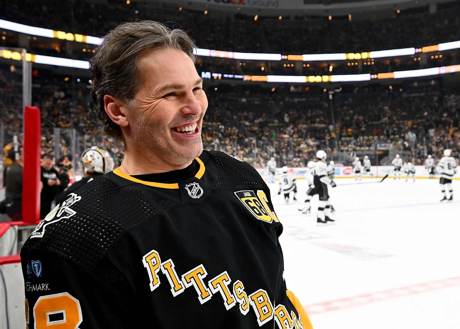 PITTSBURGH, PA - FEBRUARY 18:  Jaromir Jagr skates during warm ups after having his number retired and banner raised to the rafters before the game between the Pittsburgh Penguins and the Los Angeles Kings at PPG PAINTS Arena on February 18, 2024 in Pittsburgh, Pennsylvania. (Photo by Joe Sargent/NHLI via Getty Images)