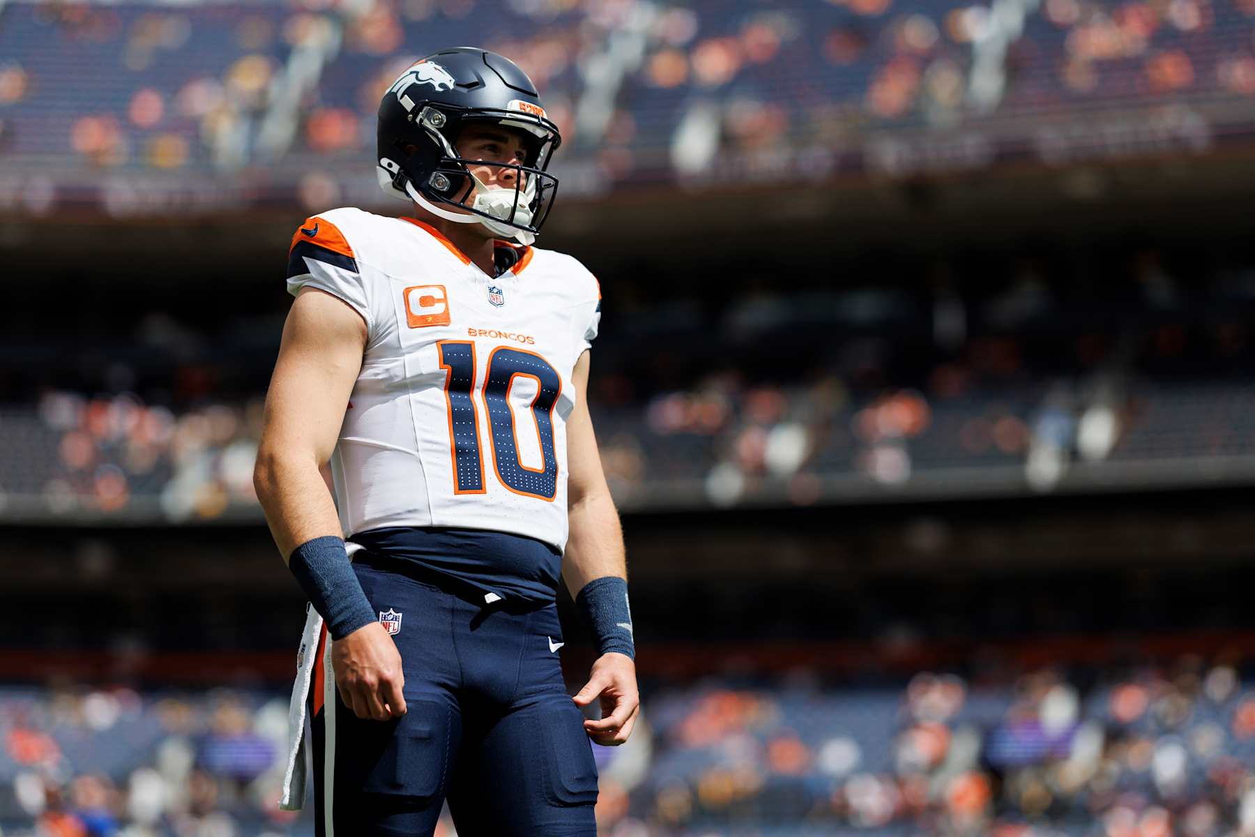 DENVER, CO - SEPTEMBER 15: Quarterback Bo Nix #10 of the Denver Broncos warms up prior to an NFL football game against the Pittsburgh Steelers, at Empower Field at Mile High on September 15, 2024 in Denver, Colorado. (Photo by Brooke Sutton/Getty Images)