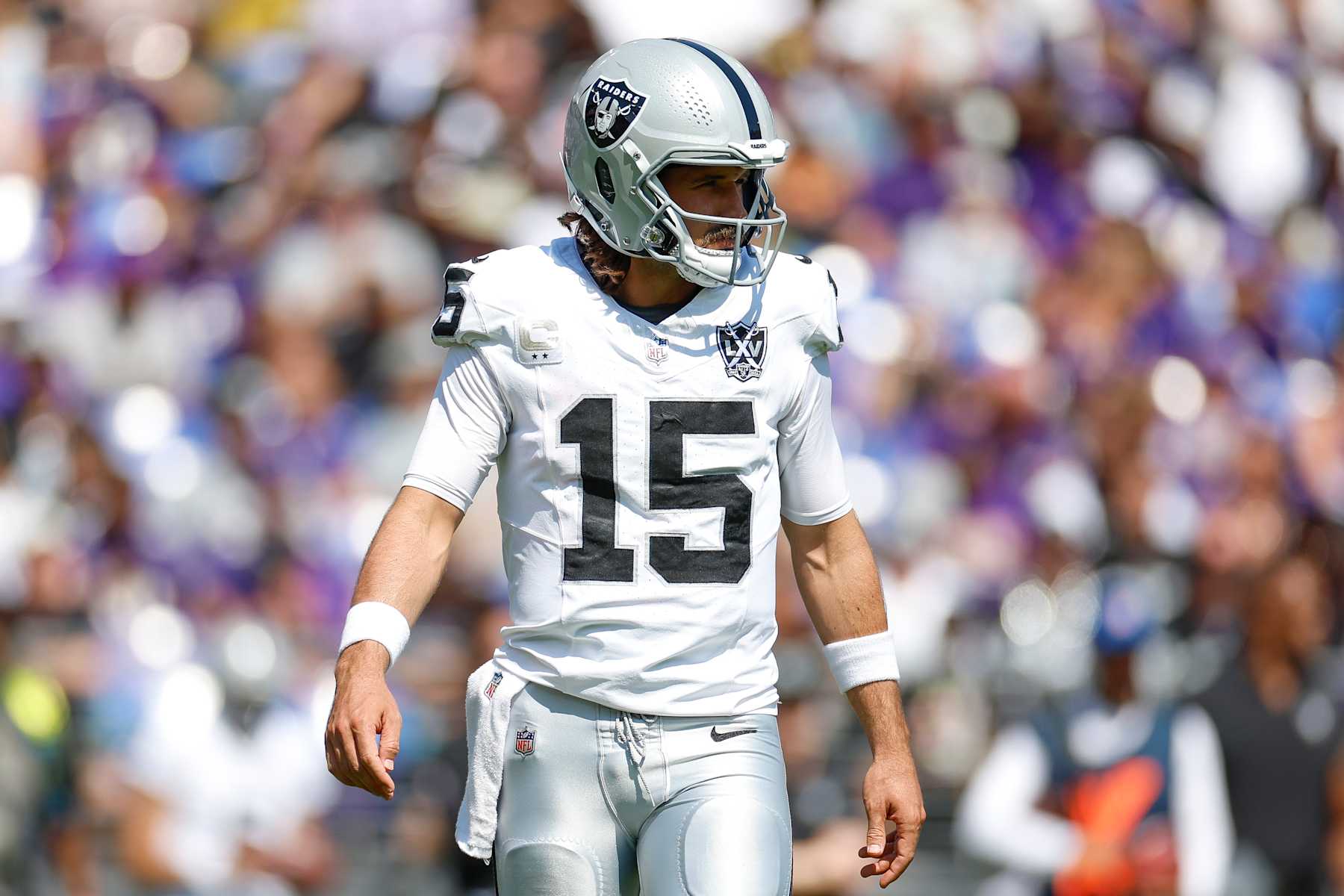 BALTIMORE, MARYLAND - SEPTEMBER 15: Gardner Minshew #15 of the Las Vegas Raiders reacts during the first half against the Baltimore Ravens at M&T Bank Stadium on September 15, 2024 in Baltimore, Maryland. (Photo by Brandon Sloter/Getty Images)