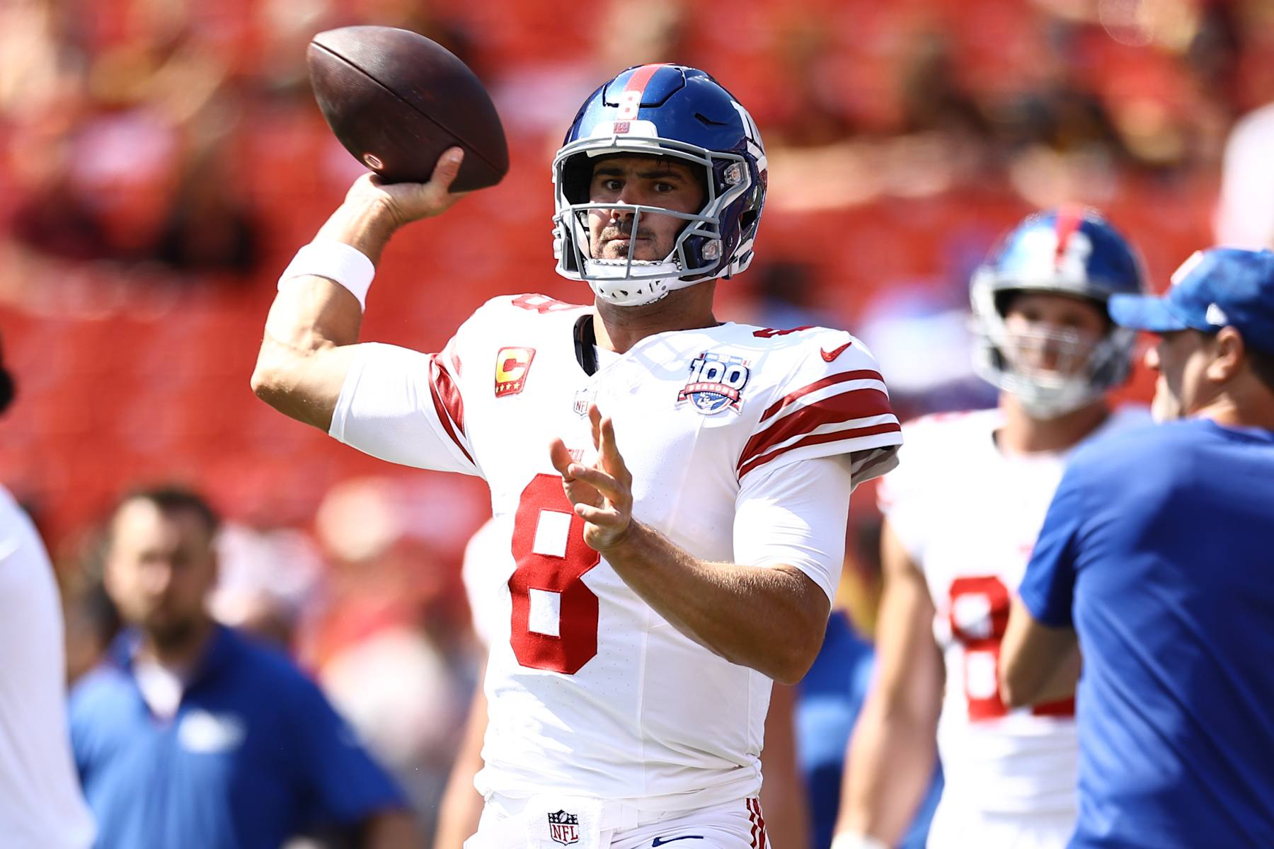 LANDOVER, MARYLAND - SEPTEMBER 15: Daniel Jones #8 of the New York Giants warms up prior to a game against the Washington Commanders at Northwest Stadium on September 15, 2024 in Landover, Maryland. (Photo by Tim Nwachukwu/Getty Images)