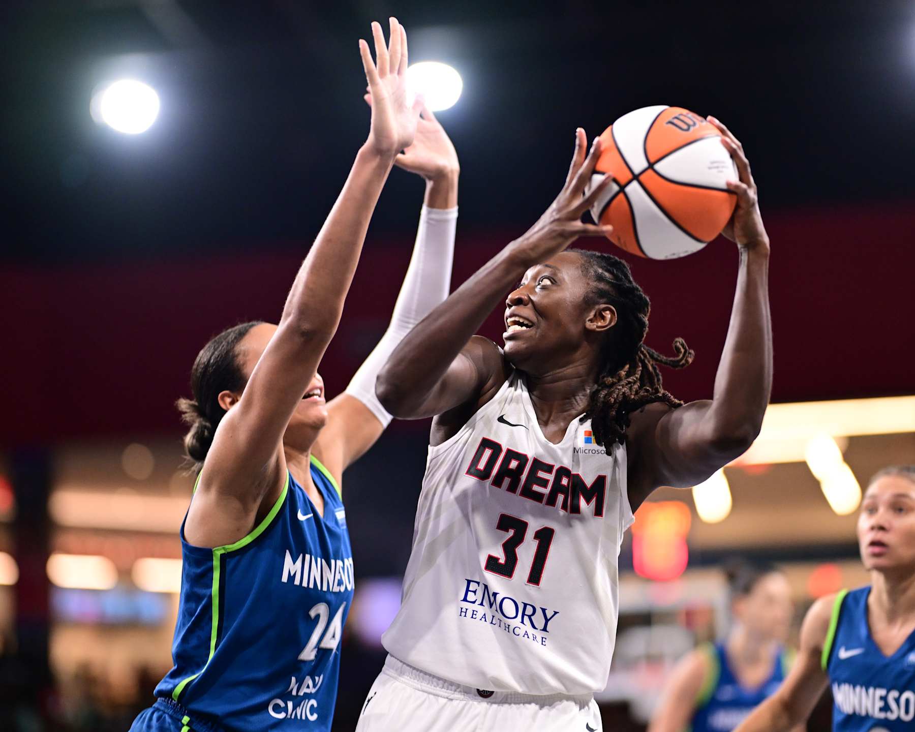 COLLEGE PARK GA - SEPTEMBER 10: Tina Charles #31 of the Atlanta Dream goes to the basket during the game on September 10, 2024 at Gateway Center Arena in College Park, Georgia. NOTE TO USER: User expressly acknowledges and agrees that, by downloading and or using this photograph, User is consenting to the terms and conditions of the Getty Images License Agreement. Mandatory Copyright Notice: Copyright 2024 NBAE (Photo by Adam Hagy/NBAE via Getty Images)