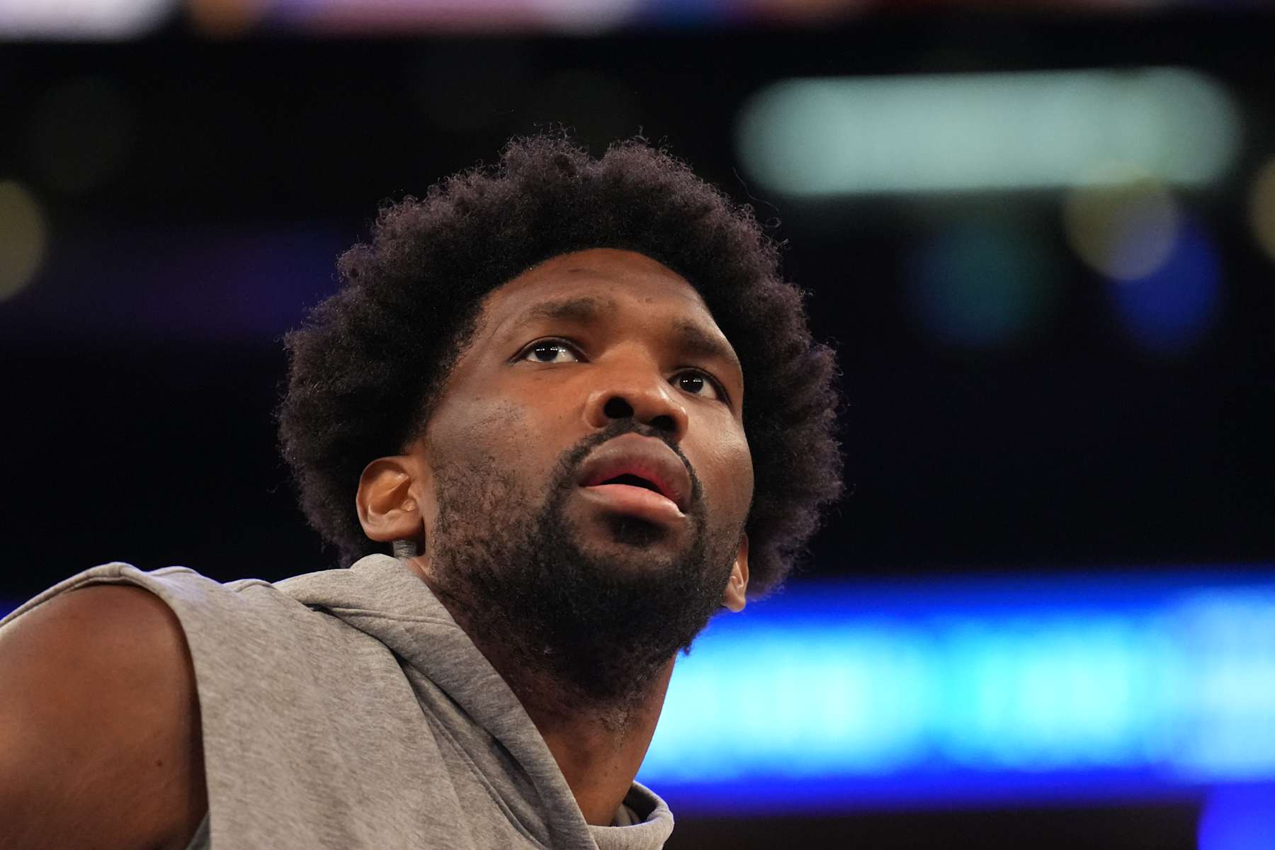 NEW YORK, NY - APRIL 22: Joel Embiid #21 of the Philadelphia 76ers warms up before the game against the New York Knicks during Round 1 Game 2 of the 2024 NBA Playoffs on April 22, 2024 at Madison Square Garden in New York City, New York.  NOTE TO USER: User expressly acknowledges and agrees that, by downloading and or using this photograph, User is consenting to the terms and conditions of the Getty Images License Agreement. Mandatory Copyright Notice: Copyright 2024 NBAE  (Photo by Jesse D. Garrabrant/NBAE via Getty Images)