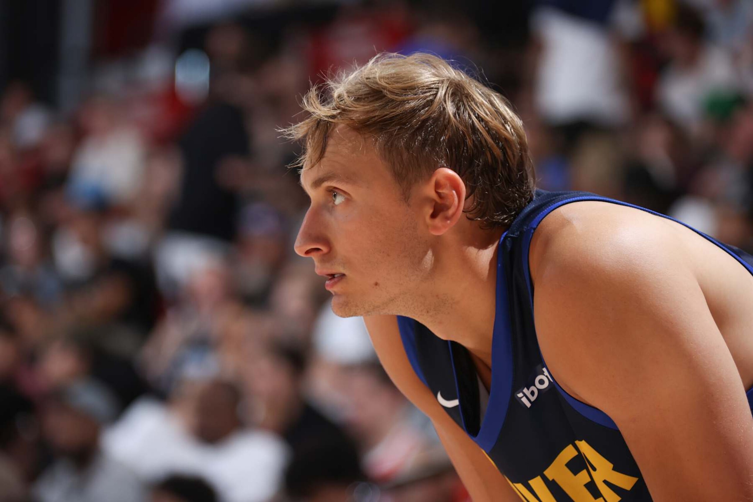 LAS VEGAS, NV - JULY 14:  Hunter Tyson #4 of the Denver Nuggets looks on during the game on July 14, 2024 at the Pavilion in Las Vegas, Nevada. NOTE TO USER: User expressly acknowledges and agrees that, by downloading and or using this photograph, User is consenting to the terms and conditions of the Getty Images License Agreement. Mandatory Copyright Notice: Copyright 2024 NBAE (Photo by Stephen Gosling/NBAE via Getty Images)