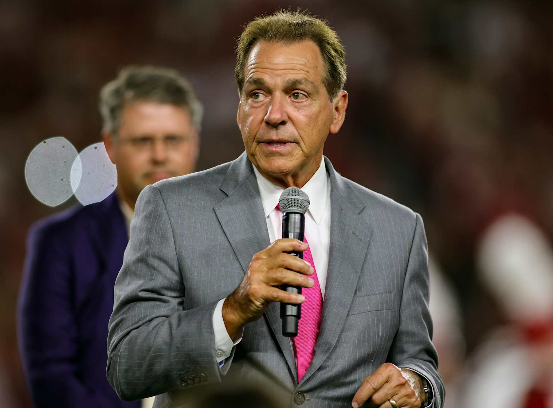 TUSCALOOSA, ALABAMA - SEPTEMBER 7: former University of Alabama head football coach Nick Saban is honored with a ceremony dedicating the field in his name during the halftime break between the Alabama Crimson Tide and South Florida Bulls at Bryant-Denny Stadium on September 7, 2024 in Tuscaloosa, Alabama. (Photo by Brandon Sumrall/Getty Images)