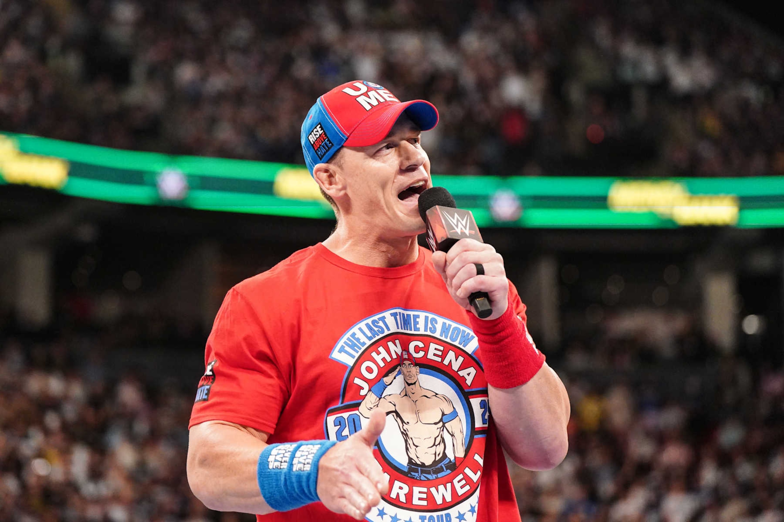 TORONTO, CANADA - JULY 6: John Cena makes his way to the ring during Money in the Bank at Scotiabank Arena on July 6, 2024 in Toronto, Ontario. (Photo by WWE/Getty Images) TORONTO, CANADA - JULY 6: John Cena makes his way to the ring during Money in the Bank at Scotiabank Arena on July 6, 2024 in Toronto, Ontario. (Photo by WWE/Getty Images)