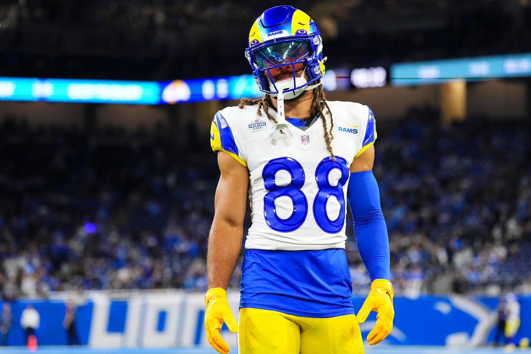 DETROIT, MI - SEPTEMBER 08: Jordan Whittington #88 of the Los Angeles Rams warms up prior to an NFL football game against the Detroit Lions at Ford Field on September 8, 2024 in Detroit, Michigan. (Photo by Cooper Neill/Getty Images)