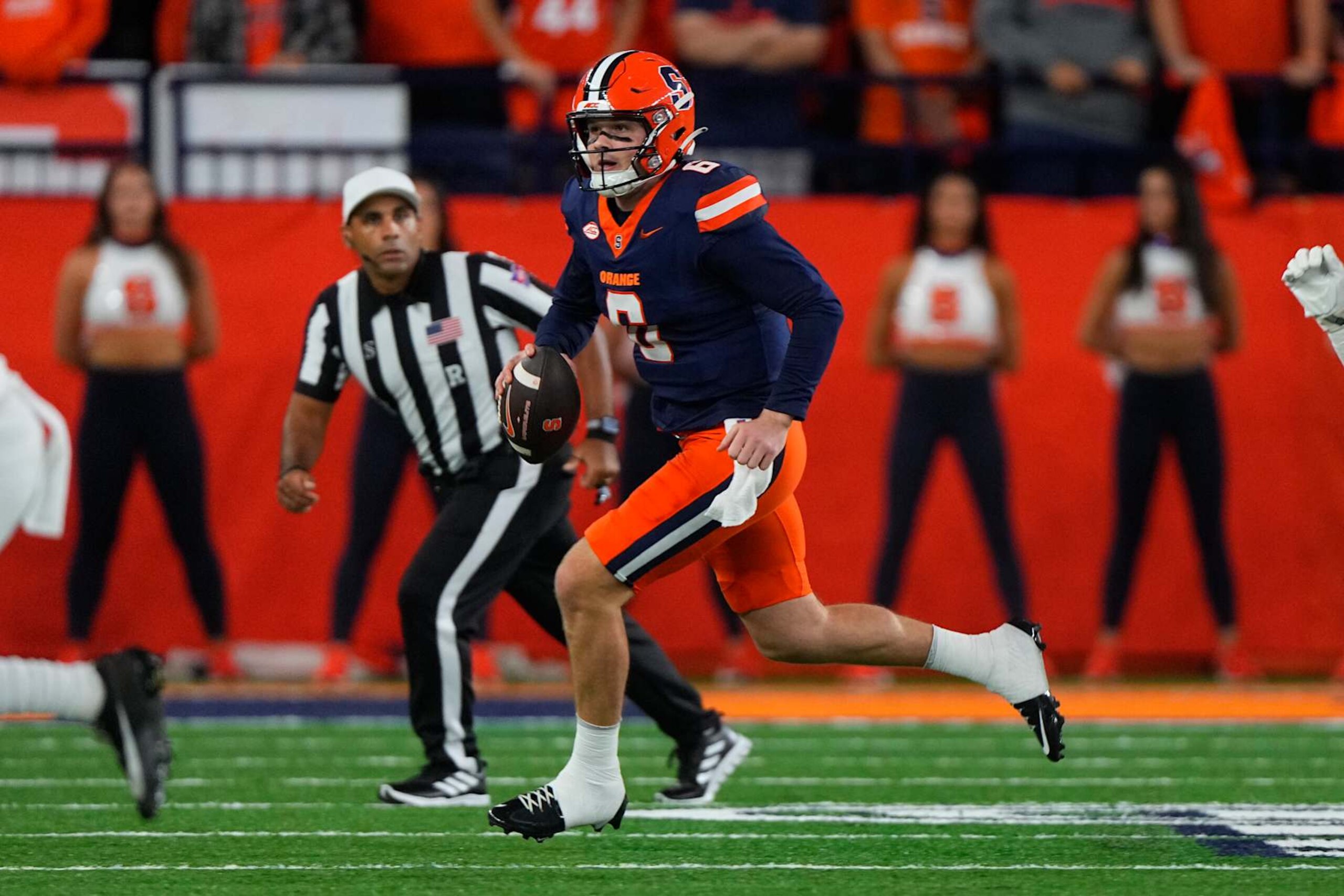 SYRACUSE, NY - SEPTEMBER 20: Syracuse Orange Quarterback Kyle McCord (6) runs with the ball during the first half of the College Football game between the Stanford Cardinal and the Syracuse Orange on September 20, 2024, at the JMA Wireless Dome in Syracuse, NY. (Photo by Gregory Fisher/Icon Sportswire via Getty Images) SYRACUSE, NY - SEPTEMBER 20: Syracuse Orange Quarterback Kyle McCord (6) runs with the ball during the first half of the College Football game between the Stanford Cardinal and the Syracuse Orange on September 20, 2024, at the JMA Wireless Dome in Syracuse, NY. (Photo by Gregory Fisher/Icon Sportswire via Getty Images)