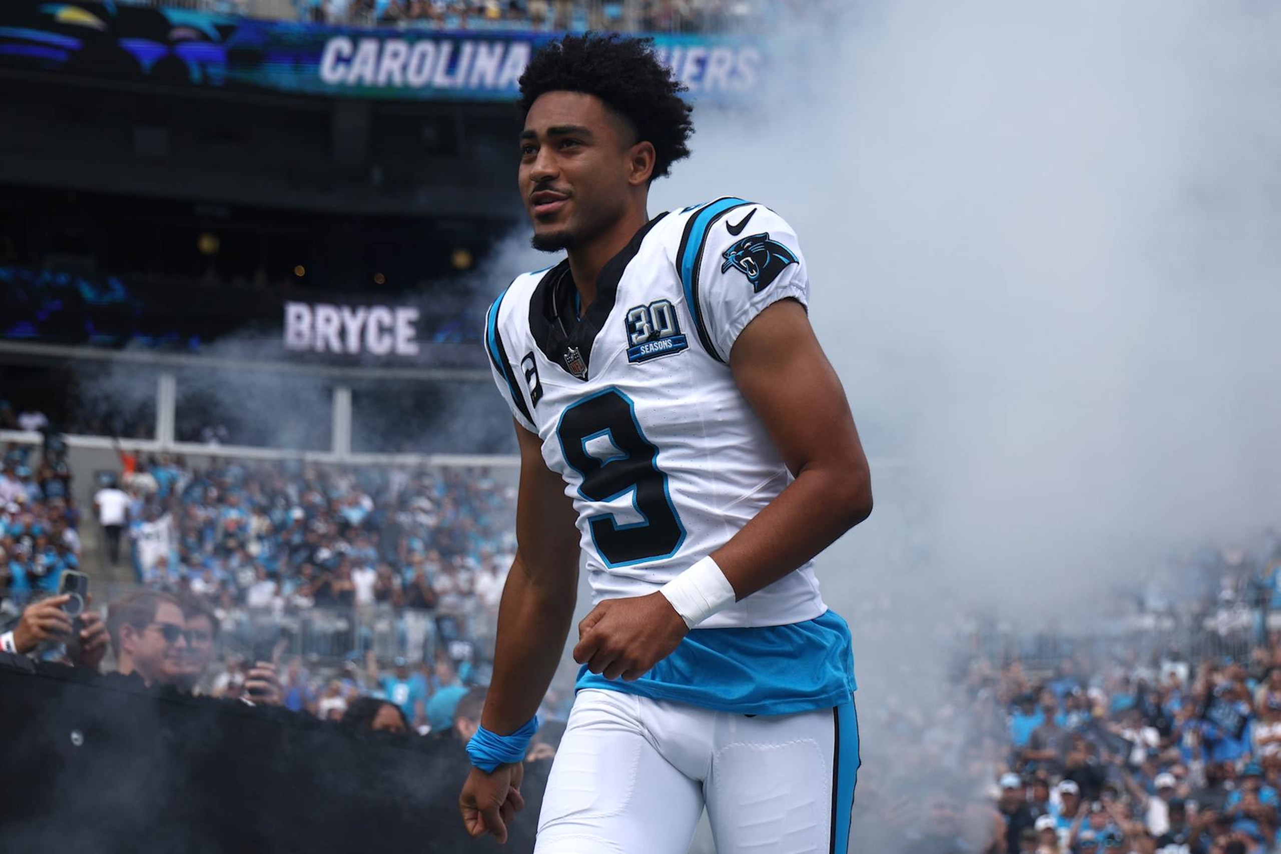 CHARLOTTE, NORTH CAROLINA - SEPTEMBER 15: Quarterback Bryce Young #9 of the Carolina Panthers takes the field prior to the game against the Los Angeles Chargers at Bank of America Stadium on September 15, 2024 in Charlotte, North Carolina. (Photo by Jared C. Tilton/Getty Images)