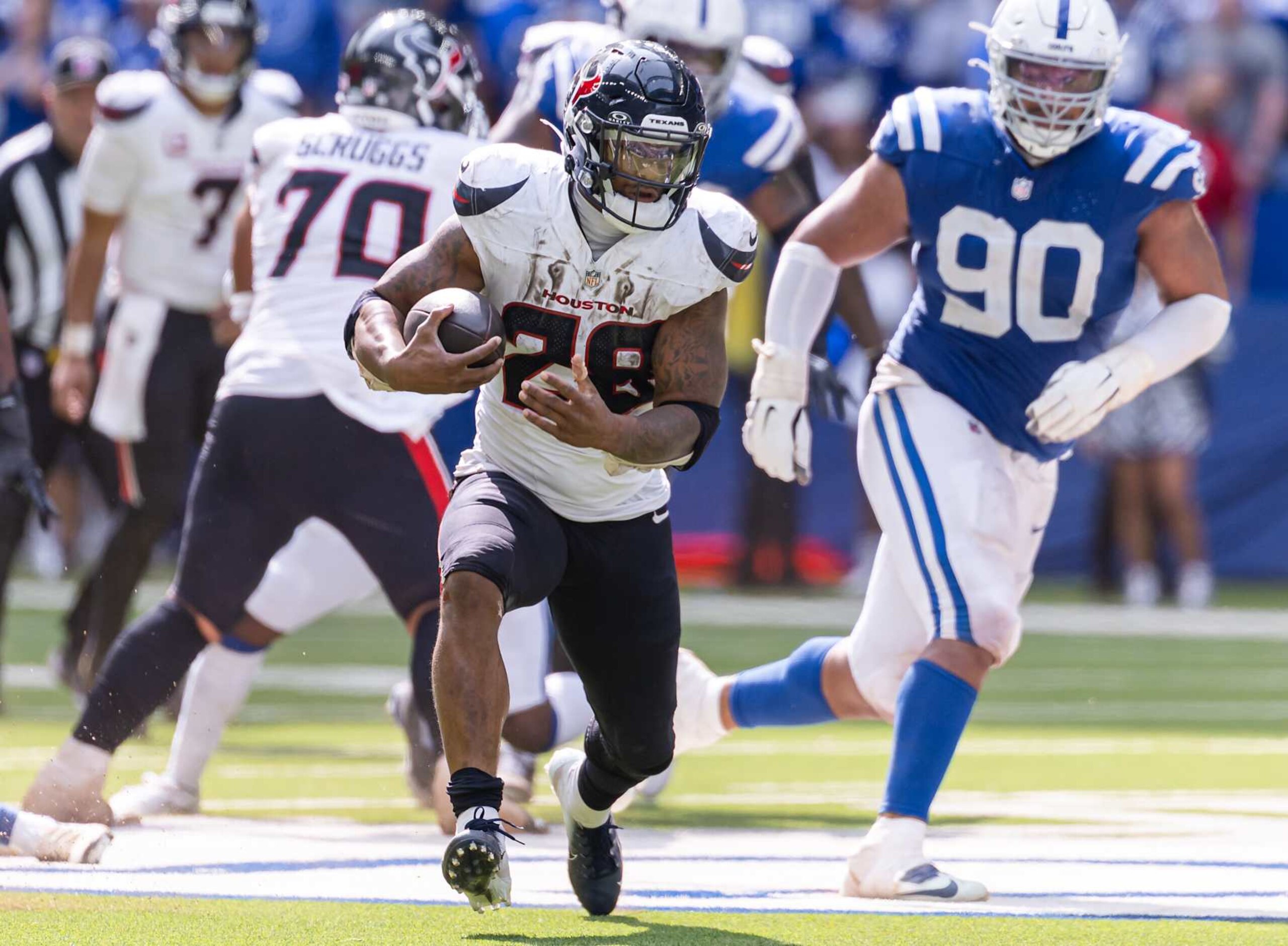 INDIANAPOLIS, INDIANA - SEPTEMBER 8: Joe Mixon #28 of the Houston Texans runs the ball during the game against the Indianapolis Colts at Lucas Oil Stadium on September 8, 2024 in Indianapolis, Indiana. (Photo by Michael Hickey/Getty Images) INDIANAPOLIS, INDIANA - SEPTEMBER 8: Joe Mixon #28 of the Houston Texans runs the ball during the game against the Indianapolis Colts at Lucas Oil Stadium on September 8, 2024 in Indianapolis, Indiana. (Photo by Michael Hickey/Getty Images)