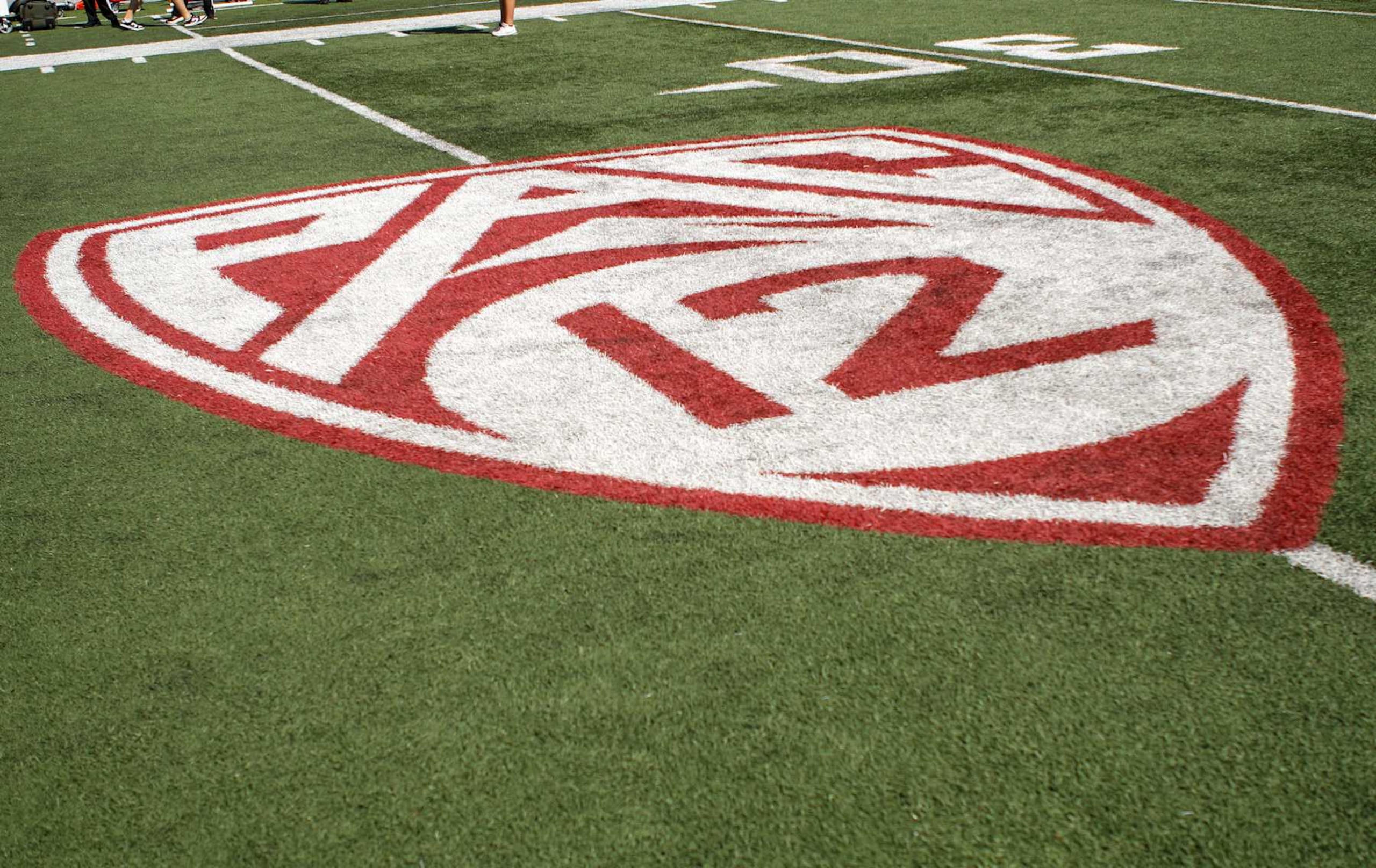 PULLMAN, WA - AUGUST 31: The Pac-12 logo on the field of Martin Stadium during the game between the Portland State Vikings and the Washington State Cougars on August 31, 2024, at Martin Stadium in Pullman, WA. (Photo by Oliver McKenna/Icon Sportswire via Getty Images) PULLMAN, WA - AUGUST 31: The Pac-12 logo on the field of Martin Stadium during the game between the Portland State Vikings and the Washington State Cougars on August 31, 2024, at Martin Stadium in Pullman, WA. (Photo by Oliver McKenna/Icon Sportswire via Getty Images)