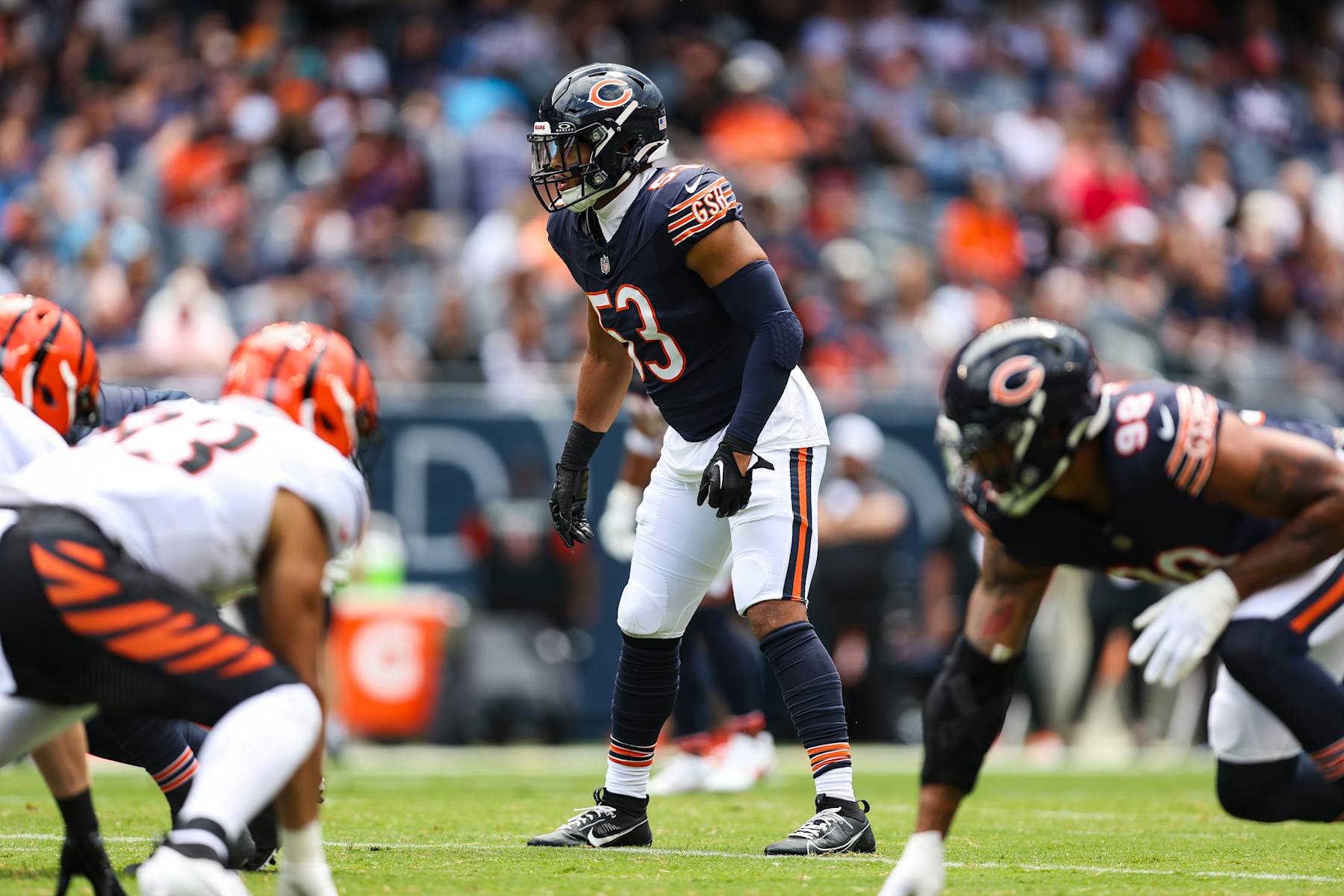 CHICAGO, IL - AUGUST 17: T.J. Edwards #53 of the Chicago Bears looks on during an NFL football game against the Cincinnati Bengals at Solider Field on August 17, 2024 in Chicago, Illinois. (Photo by Perry Knotts/Getty Images)