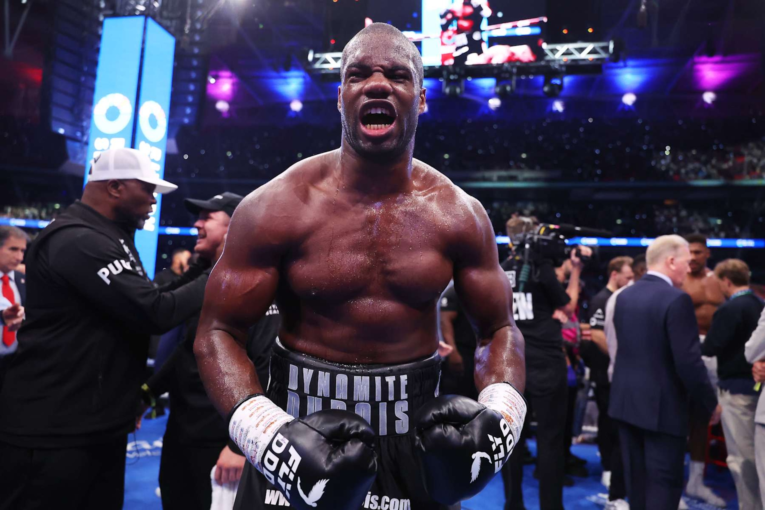 LONDON, ENGLAND - SEPTEMBER 21: Daniel Dubois celebrates victory after IBF World Heavyweight Title fight between Daniel Dubois and Anthony Joshua, on the Riyadh Season  - Wembley Edition card at Wembley Stadium on September 21, 2024 in London, England. (Photo by Richard Pelham/Getty Images)