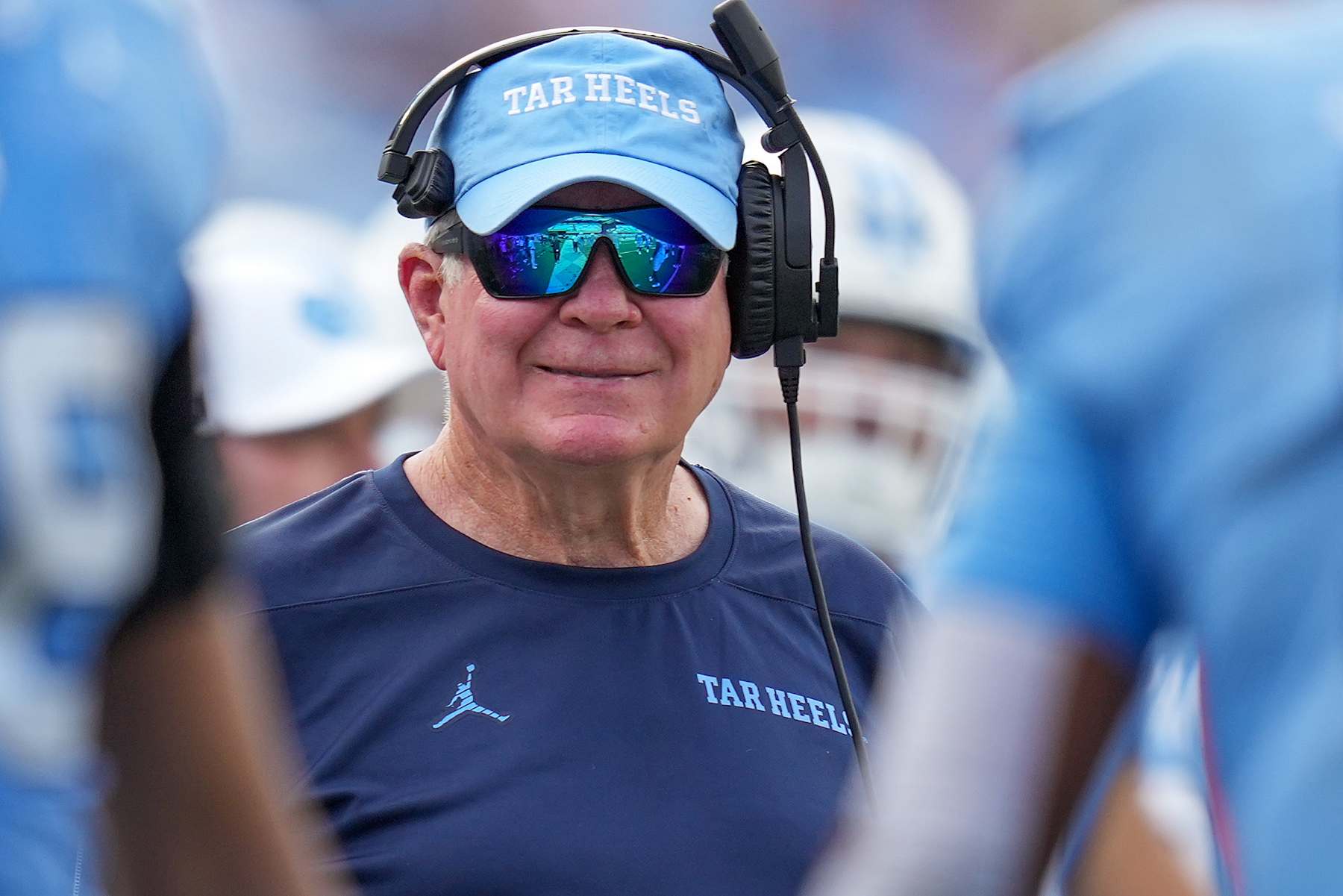CHAPEL HILL, NORTH CAROLINA - SEPTEMBER 21: Head coach Mack Brown of the North Carolina Tar Heels  watches his team play against the James Madison Dukes during the second half of the game at Kenan Memorial Stadium on September 21, 2024 in Chapel Hill, North Carolina. The Duke won 70-50. (Photo by Grant Halverson/Getty Images)