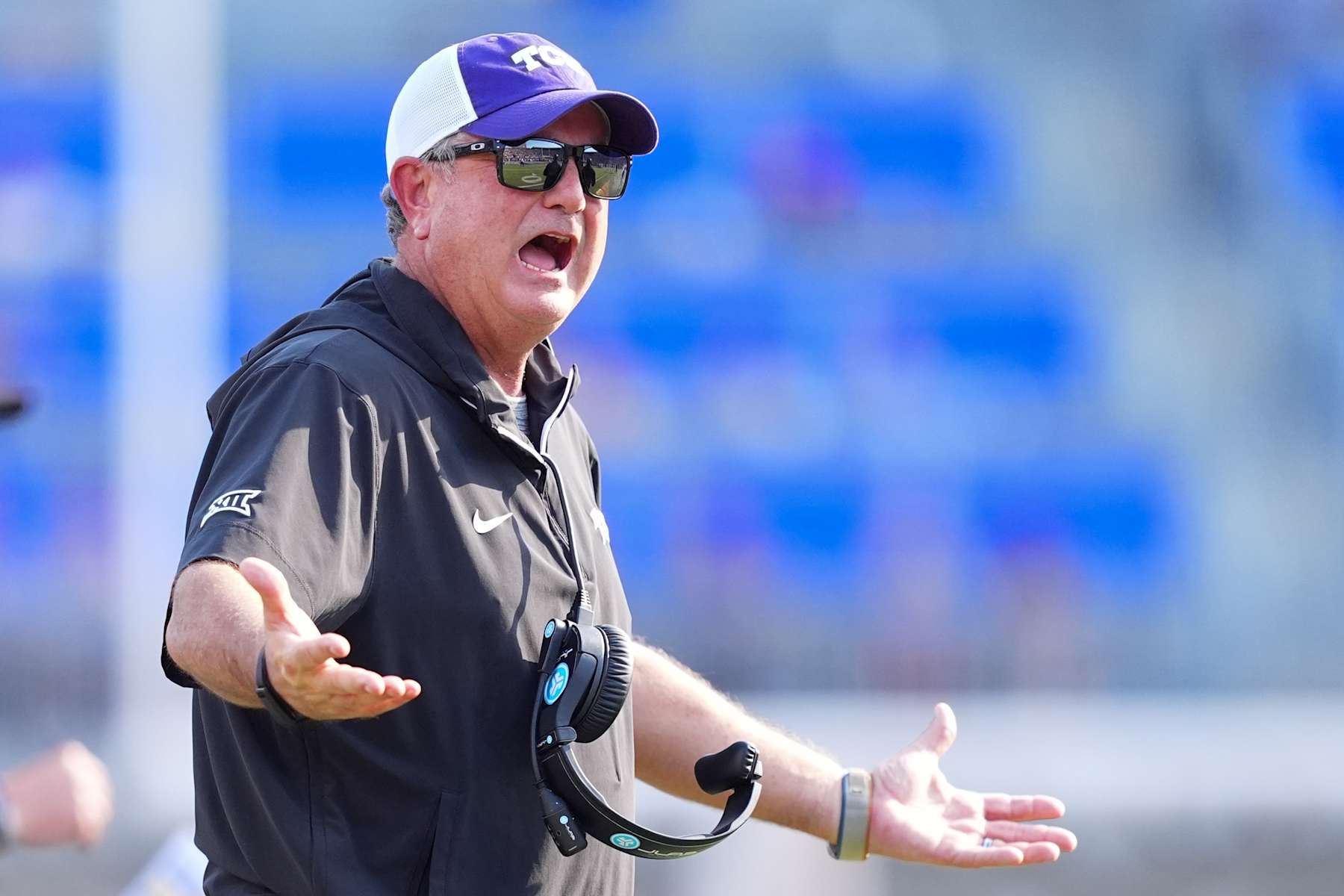 DALLAS, TEXAS - SEPTEMBER 21: Head coach Sonny Dykes of the TCU Horned Frogs reacts during the first half against the Southern Methodist Mustangs at Gerald J. Ford Stadium on September 21, 2024 in Dallas, Texas. (Photo by Sam Hodde/Getty Images)