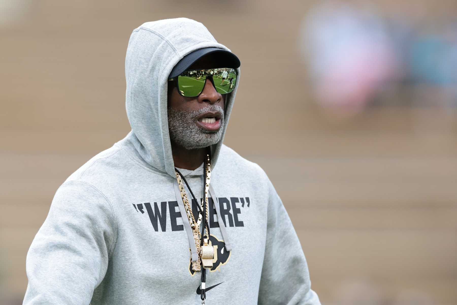 BOULDER, COLORADO - SEPTEMBER 21: Head coach Deion Sanders of the Colorado Buffaloes walks the field prior to the game  against the Baylor Bears at Folsom Field on September 21, 2024 in Boulder, Colorado. (Photo by Andrew Wevers/Getty Images)
