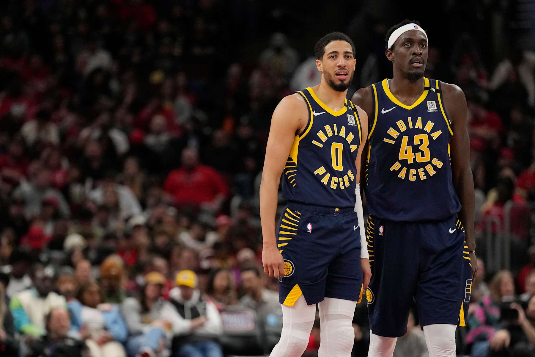 CHICAGO, ILLINOIS - MARCH 27: Tyrese Haliburton #0 and Pascal Siakam #43 of the Indiana Pacers look on during the second half against the Chicago Bulls at the United Center on March 27, 2024 in Chicago, Illinois. NOTE TO USER: User expressly acknowledges and agrees that, by downloading and or using this photograph, User is consenting to the terms and conditions of the Getty Images License Agreement. (Photo by Patrick McDermott/Getty Images)