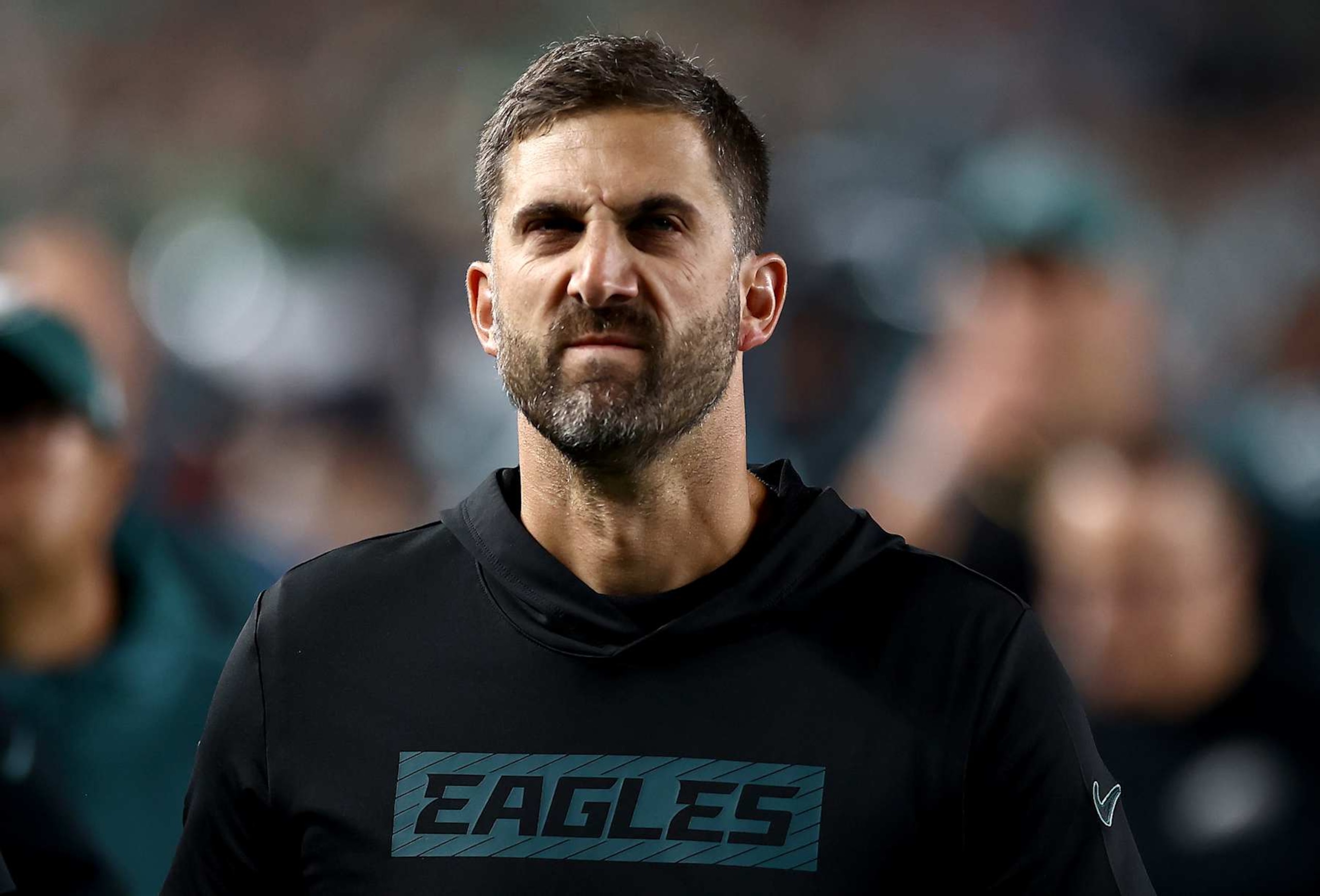 PHILADELPHIA, PENNSYLVANIA - SEPTEMBER 16: Head coach Nick Sirianni of the Philadelphia Eagles walks off the field against the Atlanta Falcons at the end of the first half in the game at Lincoln Financial Field on September 16, 2024 in Philadelphia, Pennsylvania. (Photo by Tim Nwachukwu/Getty Images)