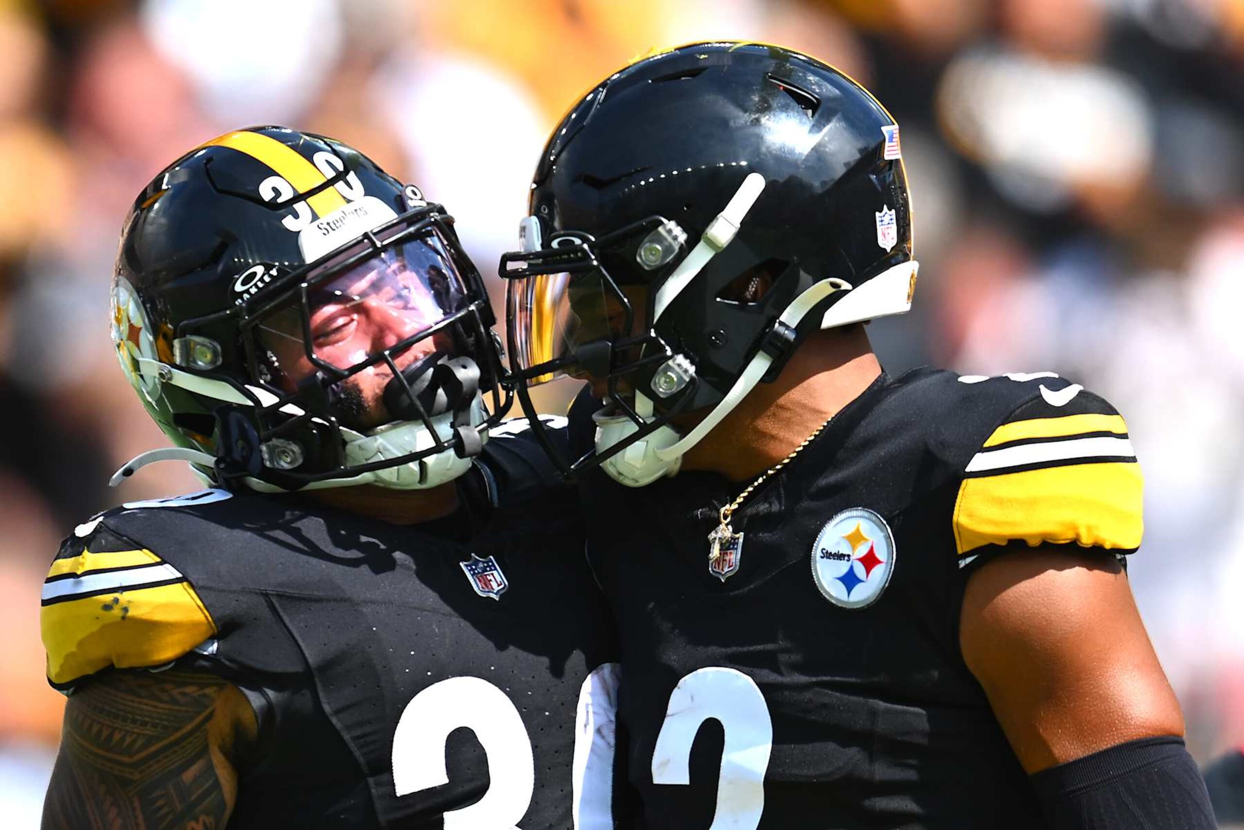 PITTSBURGH, PENNSYLVANIA - SEPTEMBER 22: Quarterback Justin Fields #2 of the Pittsburgh Steelers celebrates with teammate Jaylen Warren #30 after scoring a touchdown against the Los Angeles Chargers during the second quarter of the game at Acrisure Stadium on September 22, 2024 in Pittsburgh, Pennsylvania. (Photo by Joe Sargent/Getty Images)